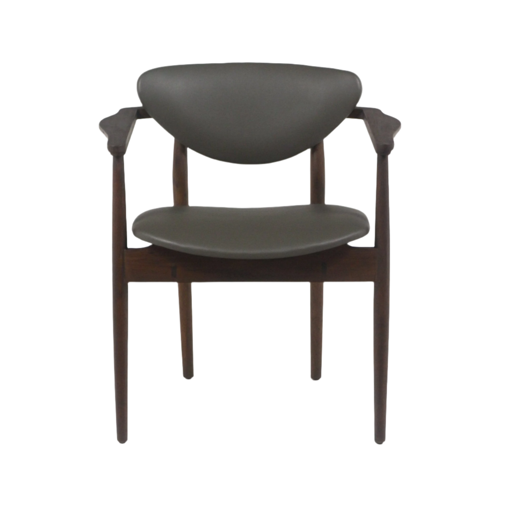 Front view of a mid-century modern dining chair with dark gray leather upholstery, curved back and seat, teak walnut wood frame, sculpted armrests and tapered legs on a white background.