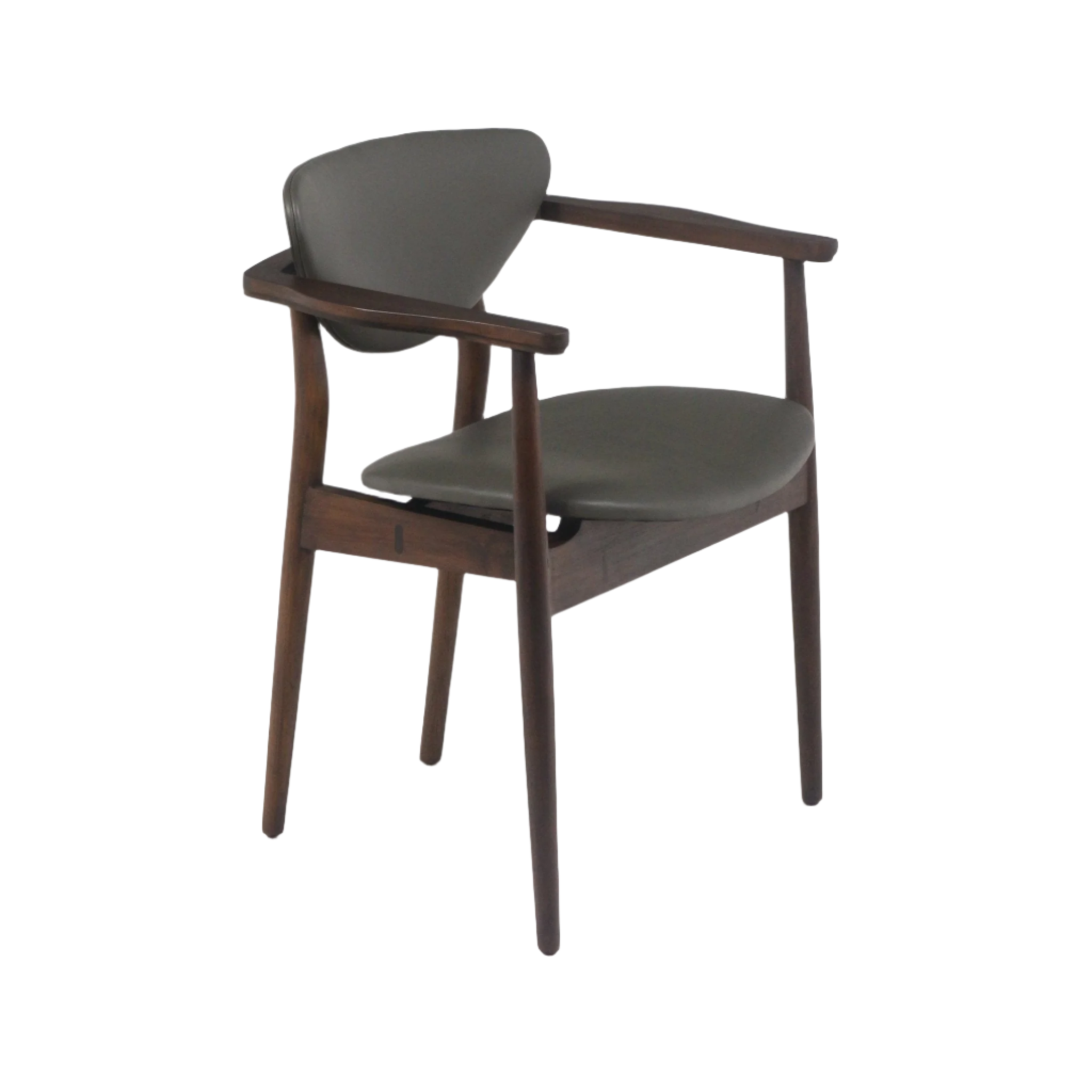 Mid-century modern dining chair with a teak frame and dark gray leather-upholstered seat and curved back, tapered legs and integrated wooden arms.
