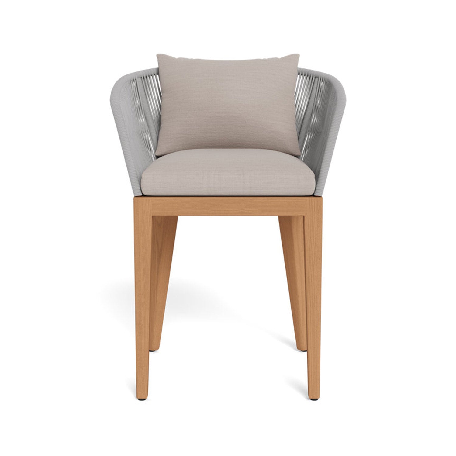 Front view of a coastal outdoor bar stool with a teak wood frame and tapered legs, gray woven-rope curved back and beige upholstered seat with a matching back cushion.