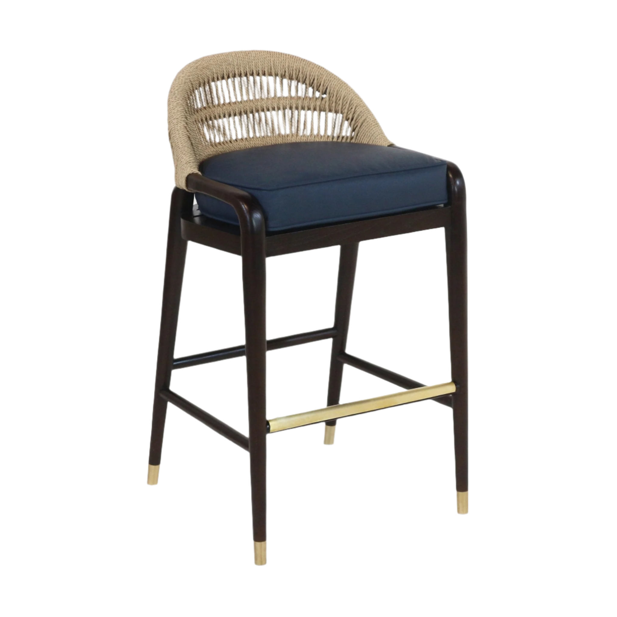 Teak bar stool with a woven natural rope back, navy blue leather seat cushion, dark stained teak legs and brass footrest and leg caps on a white background.