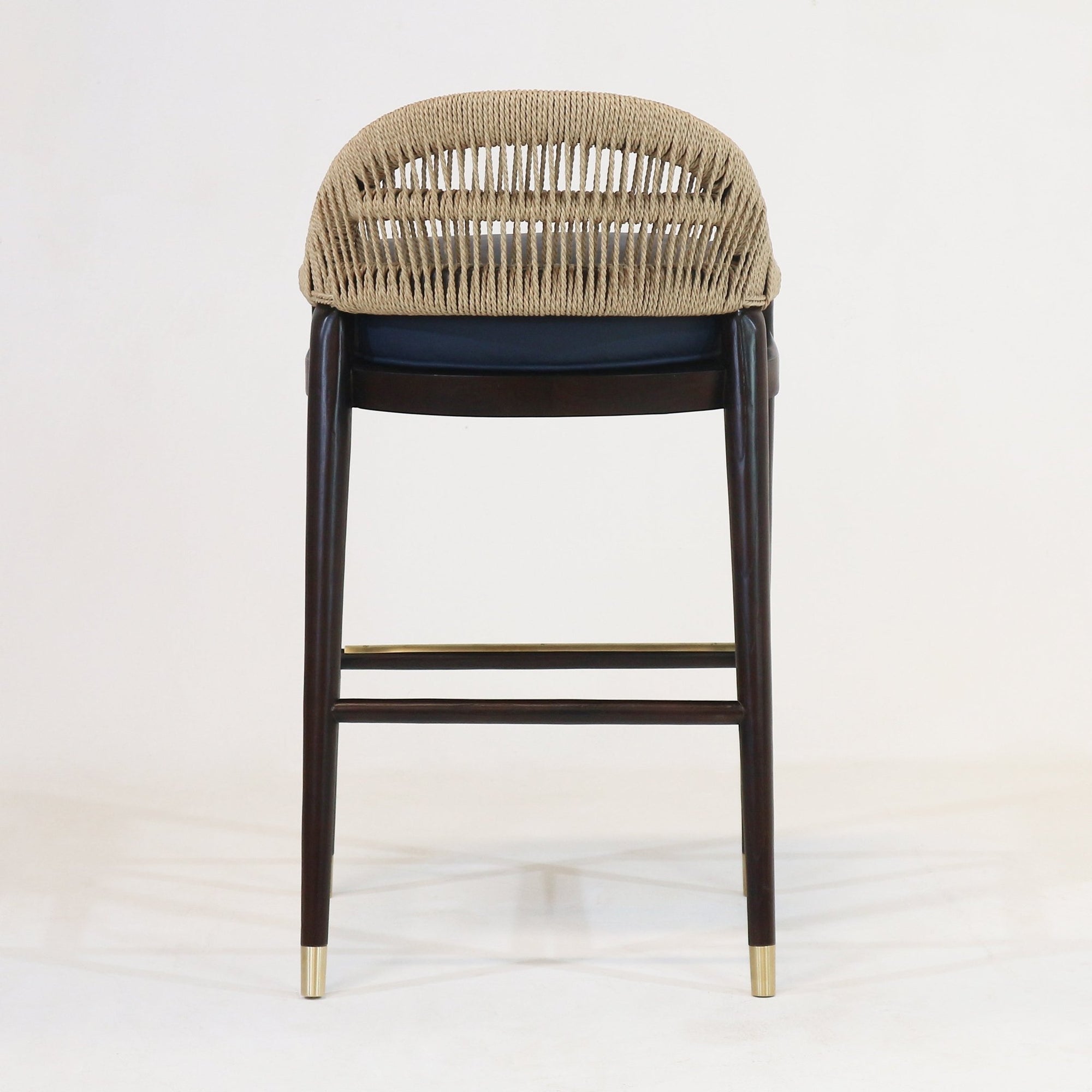 Fara Teak Rope - Backed & Upholstere Blue Leather Bar Stool - INTERIORTONIC