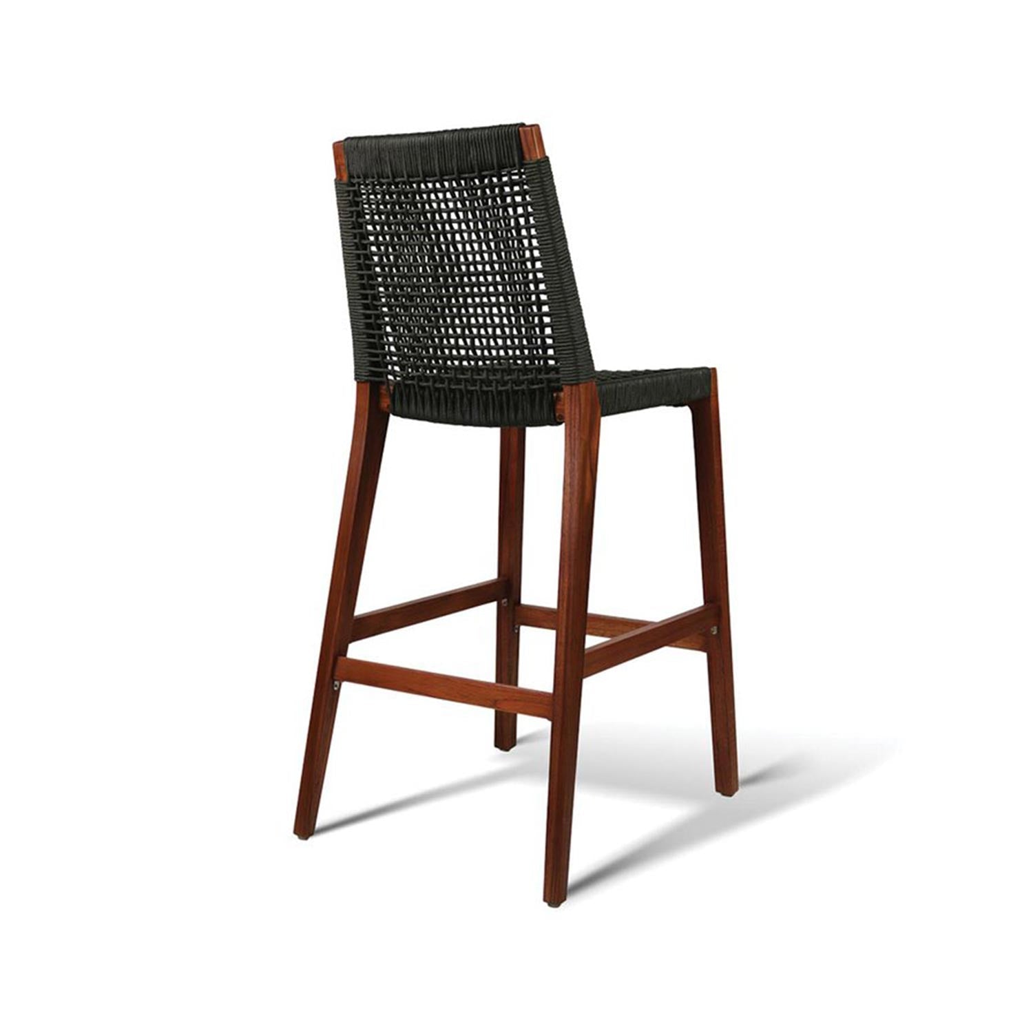 Armless outdoor bar stool with a solid teak frame and dark woven rope seat and back, tapered legs with integrated footrest, photographed on a white background.