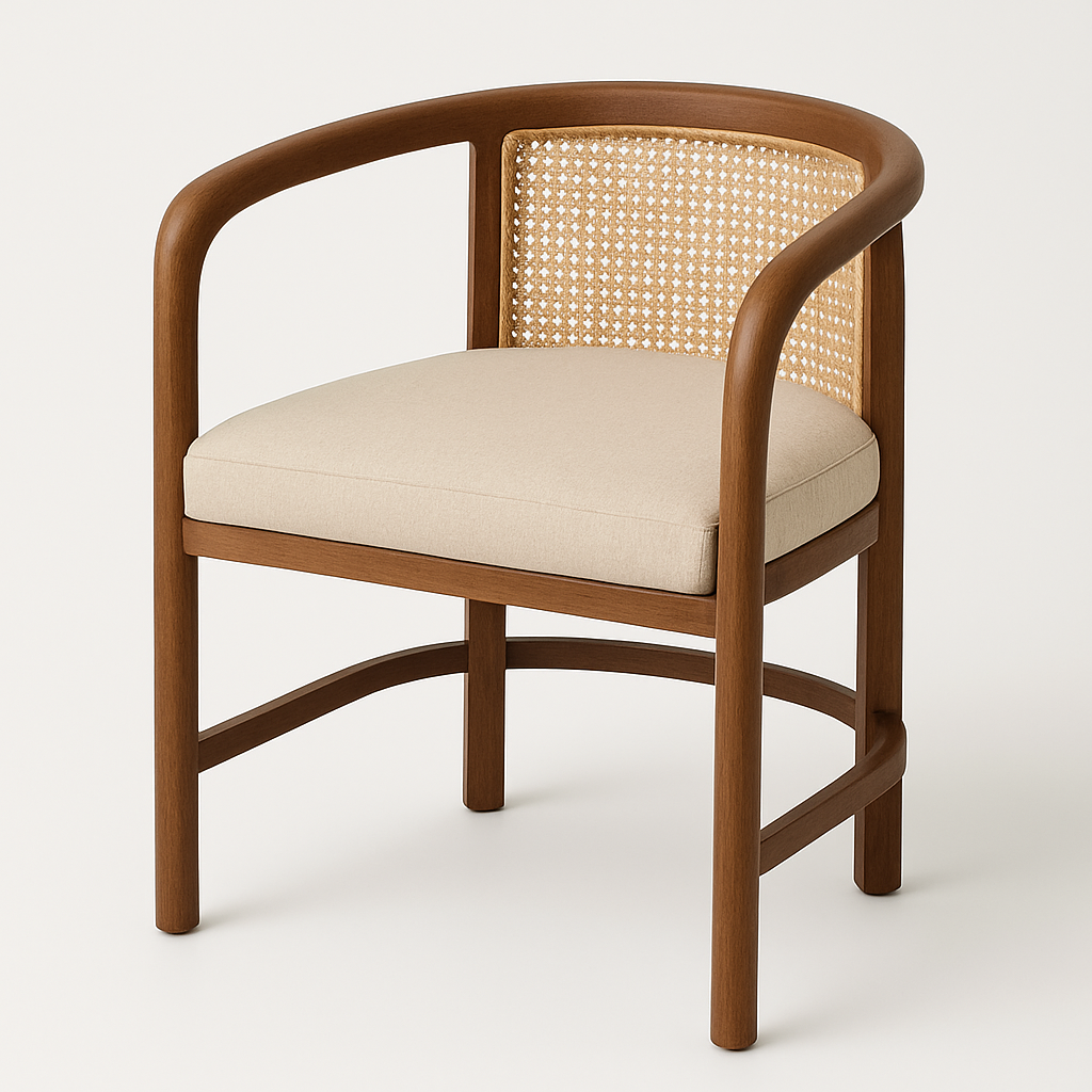 Beige upholstered seat on a curved teak frame with a woven natural rattan cane back and rounded arms, modern boho-style outdoor dining chair.
