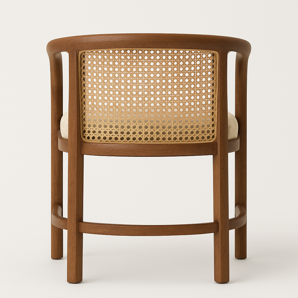 Rear view of a natural teak dining chair with a woven rattan/cane back, curved wooden frame and a beige fabric seat cushion on a neutral background.