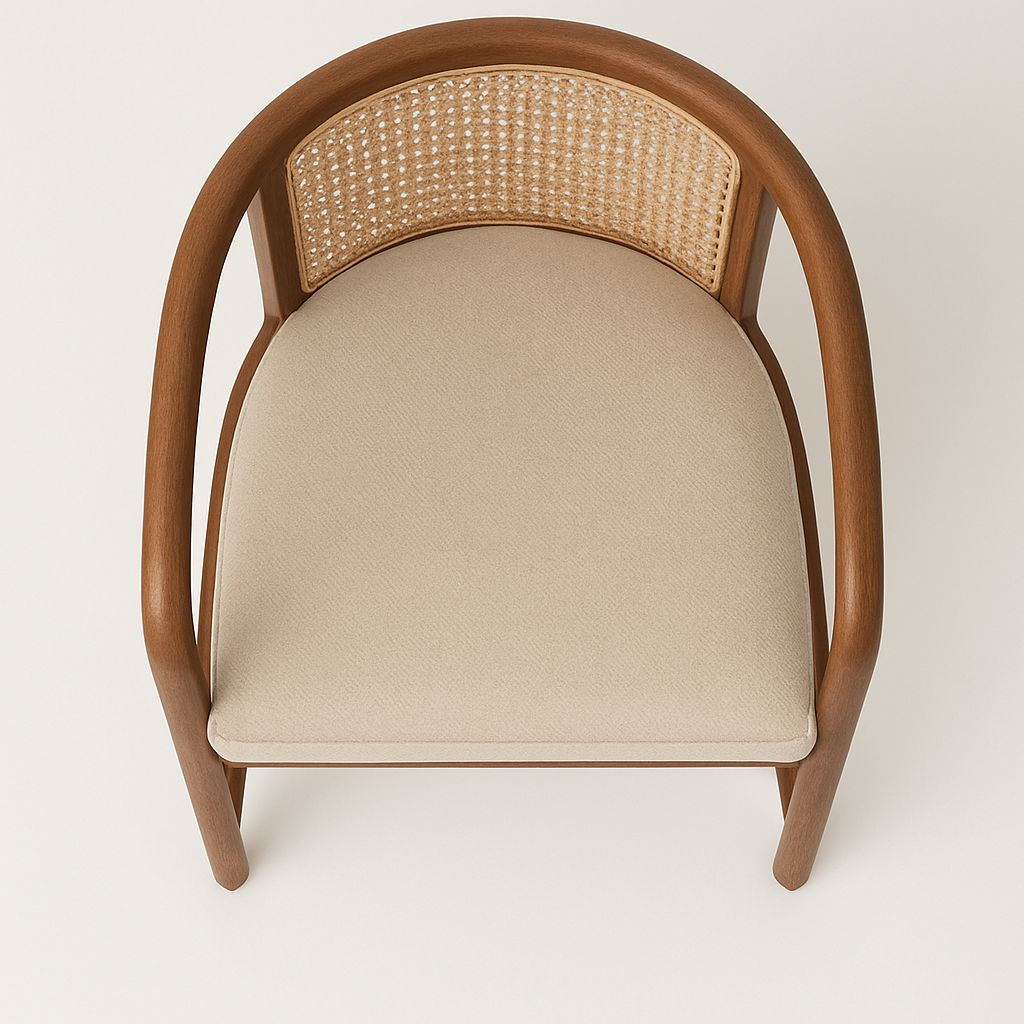 Top-down view of an outdoor dining chair with a natural teak frame, curved arched arms, woven rattan cane backrest and a beige fabric seat cushion on a neutral background.