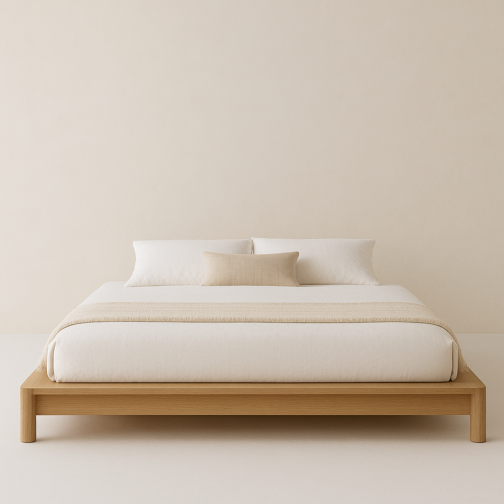 Low-profile minimalist oak platform bed with natural oak finish, dressed in white bedding and a beige lumbar pillow and throw, photographed against a soft neutral beige wall.