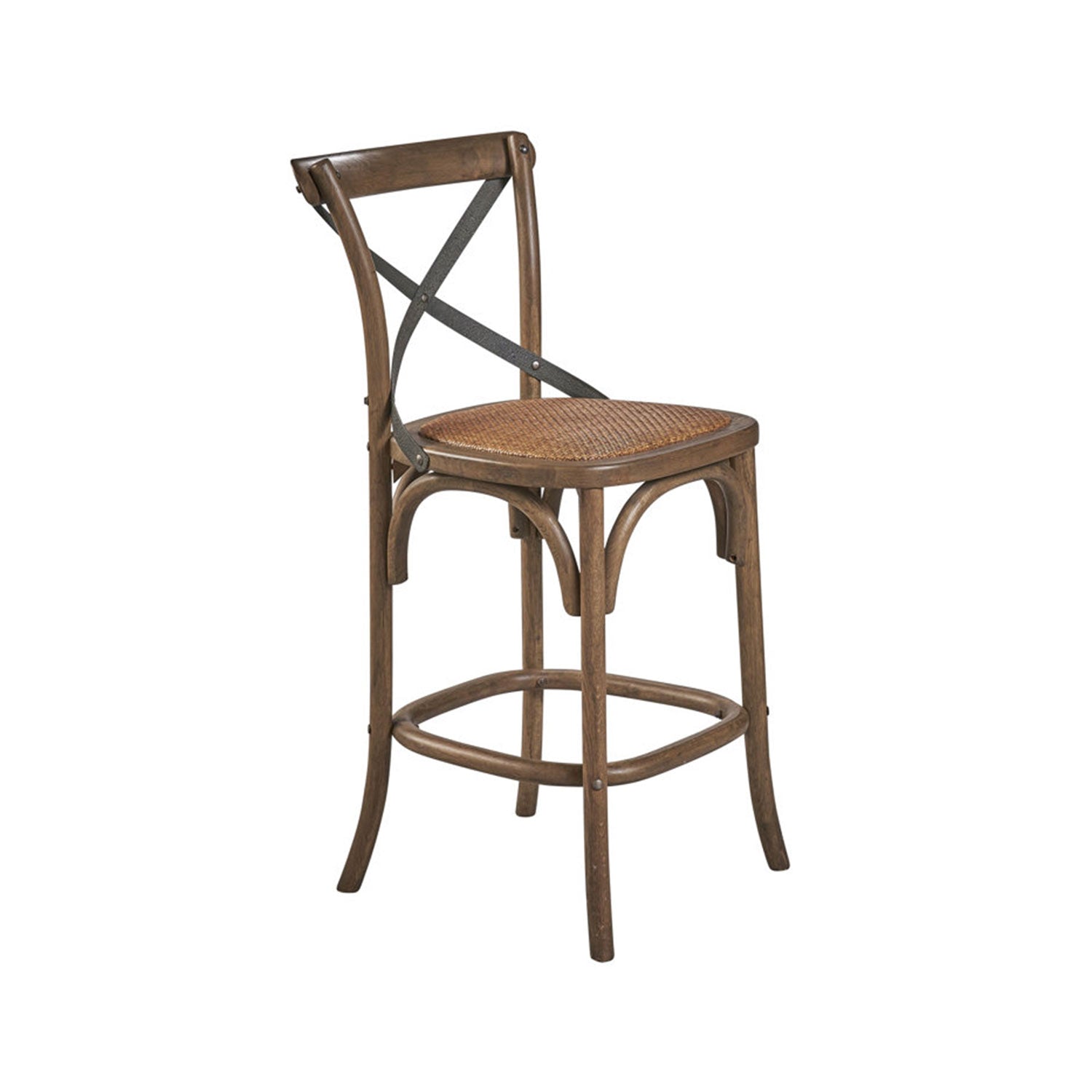 Natural teak outdoor bar stool with a woven cane seat, curved wooden legs and X-shaped metal back straps in a coastal natural finish.