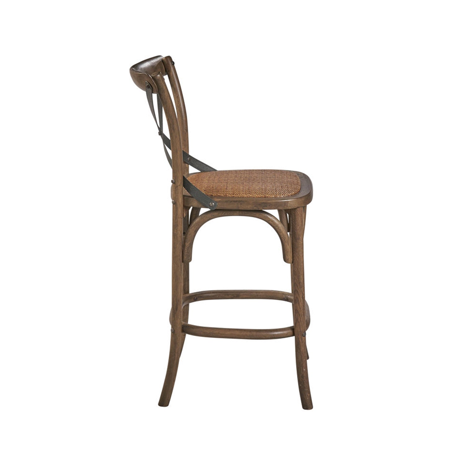 Side view of a coastal teak outdoor bar stool with a woven natural seat, curved low back supported by metal cross braces, tapered legs and rounded footrest in a warm teak finish.