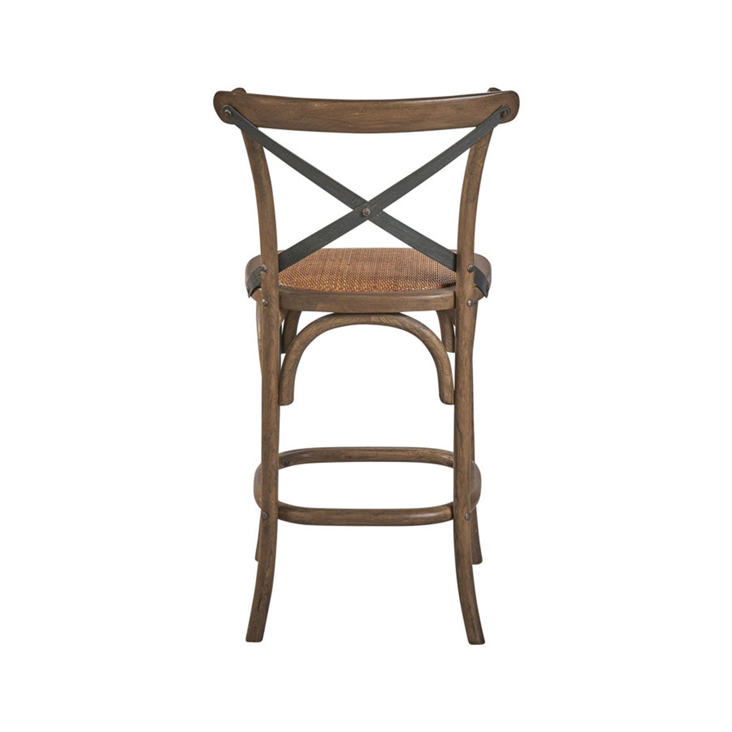 Rear view of a coastal teak outdoor bar stool with a natural woven seat, curved teak frame, dark metal X-shaped back braces and a rounded footrest.