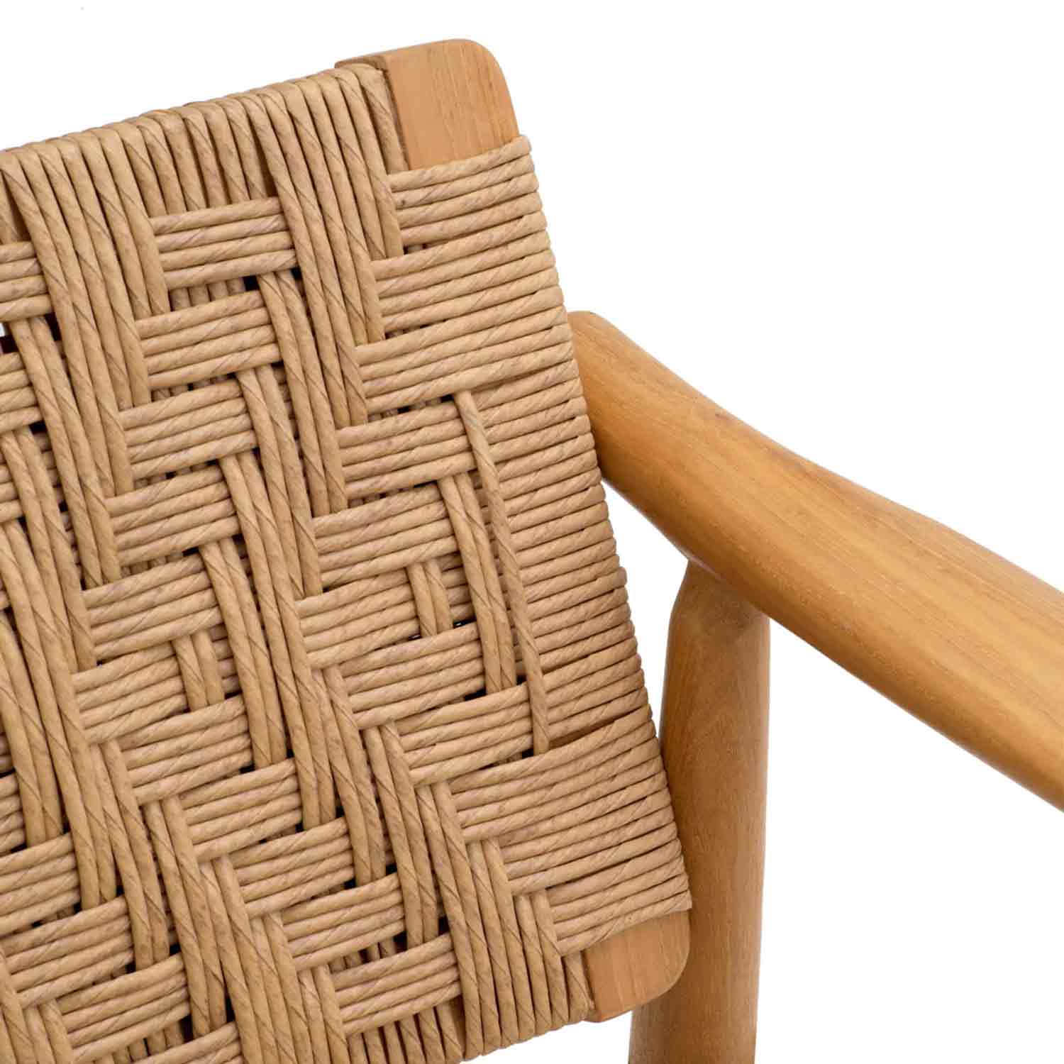 Close-up of a natural teak armrest and woven rope back showing a tight basket-weave pattern and light teak finish on an outdoor dining chair.