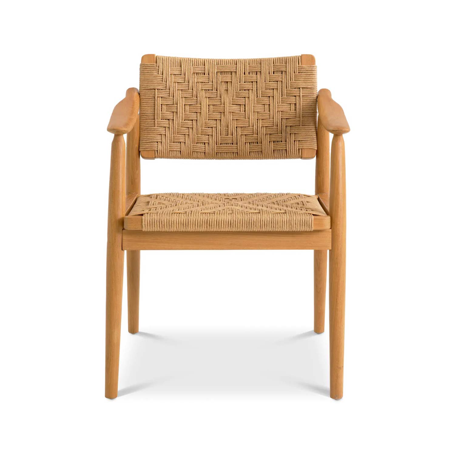 Front view of a natural teak outdoor dining chair with woven rope seat and back, tapered legs and wooden armrests in a coastal mid-century modern style.