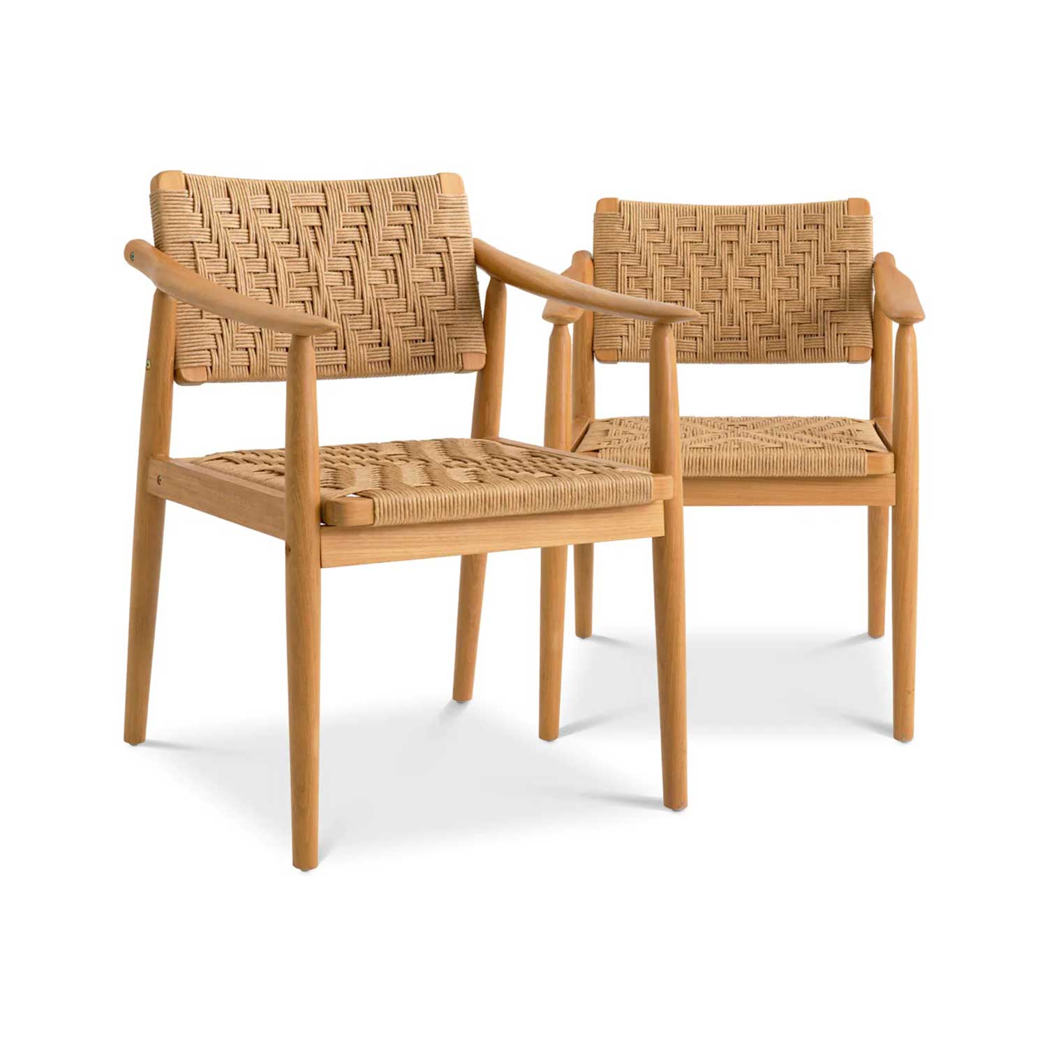 Two natural teak dining chairs with woven rope seats and backs, curved teak arms and tapered legs in a coastal contemporary style on a white background.