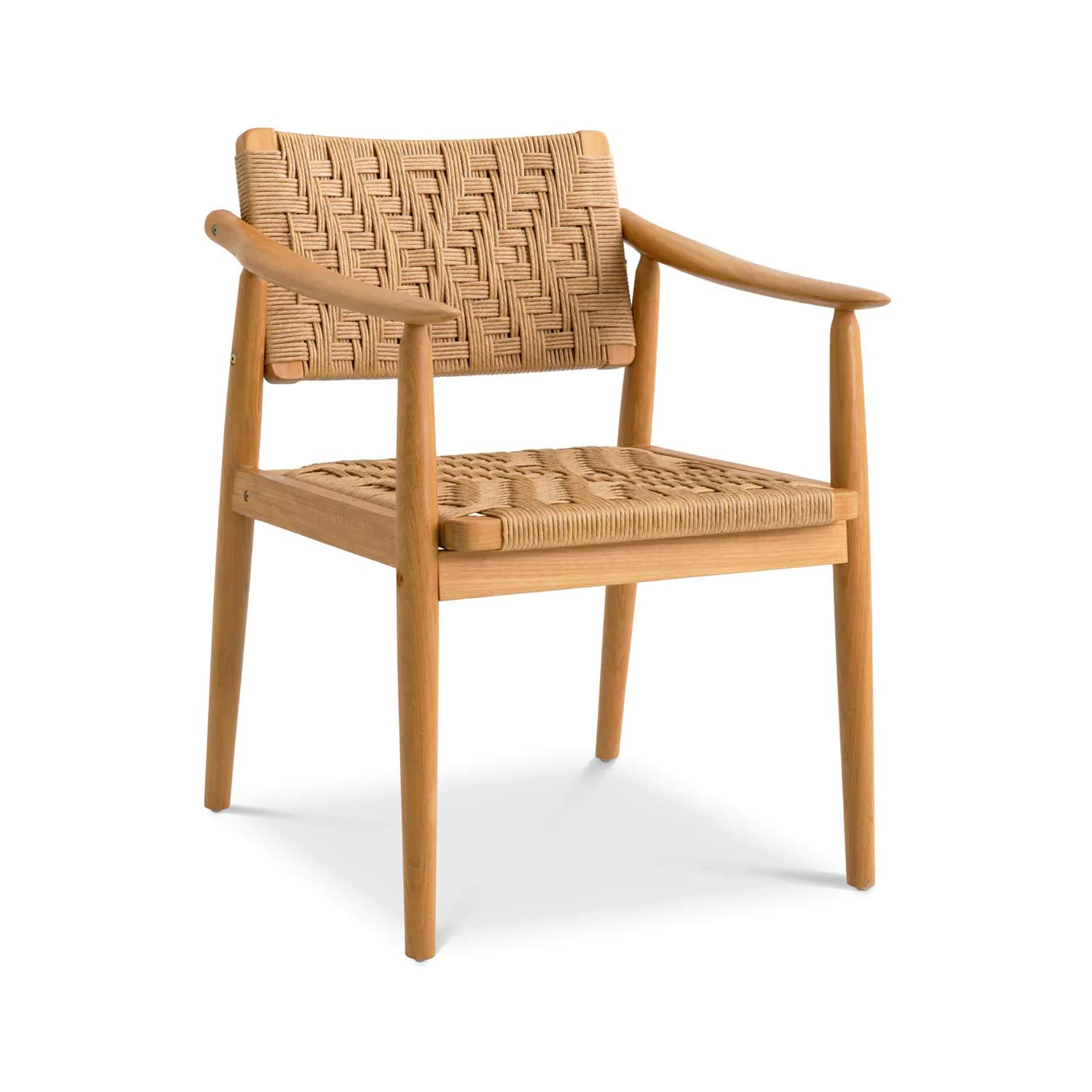 Natural teak dining chair with woven rope seat and back, curved teak armrests and tapered wooden legs in a coastal mid‑century modern style, photographed on a white background.