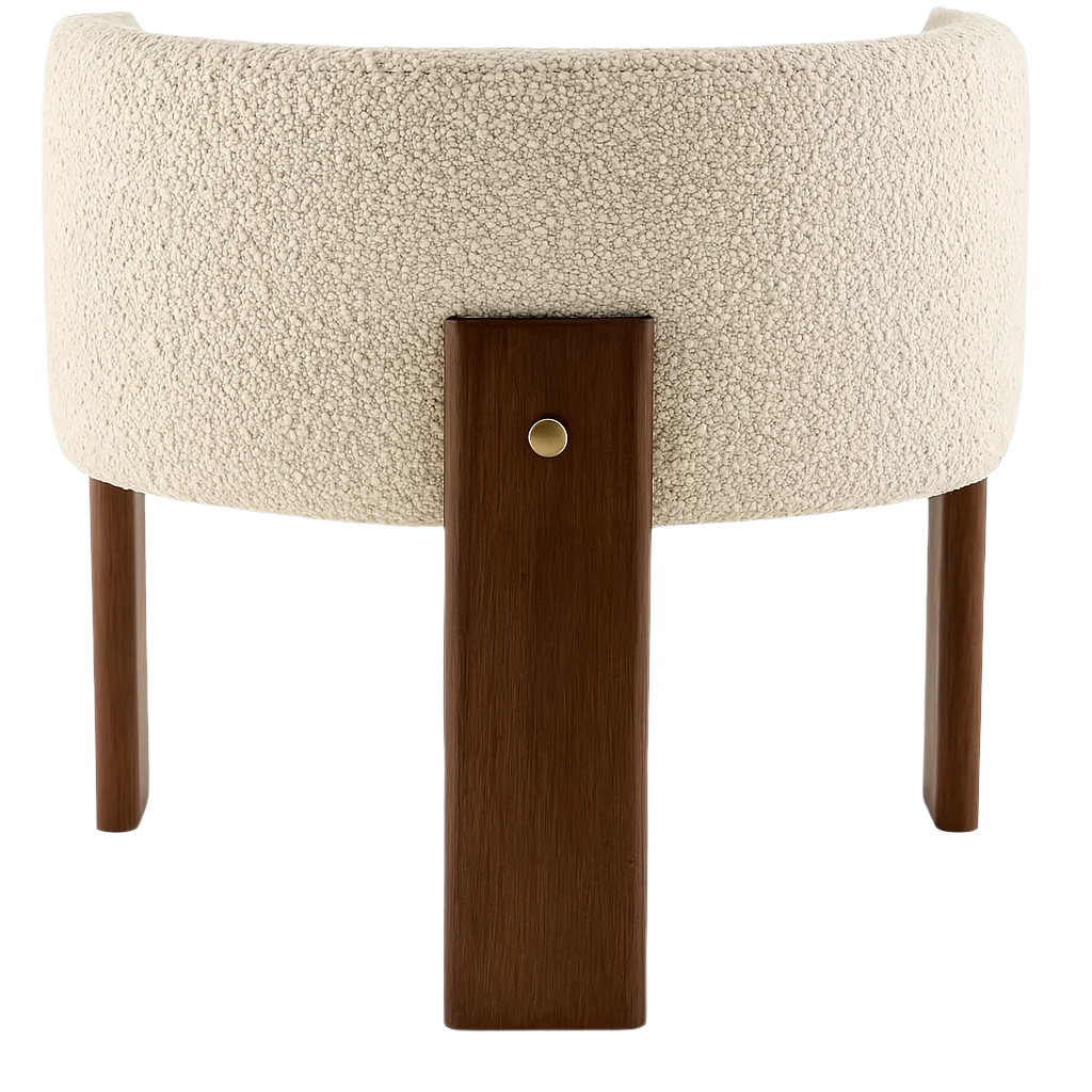 Rear close-up of a curved ivory boucle dining chair back showing walnut wood legs and a central rectangular walnut leg with a small brass accent.