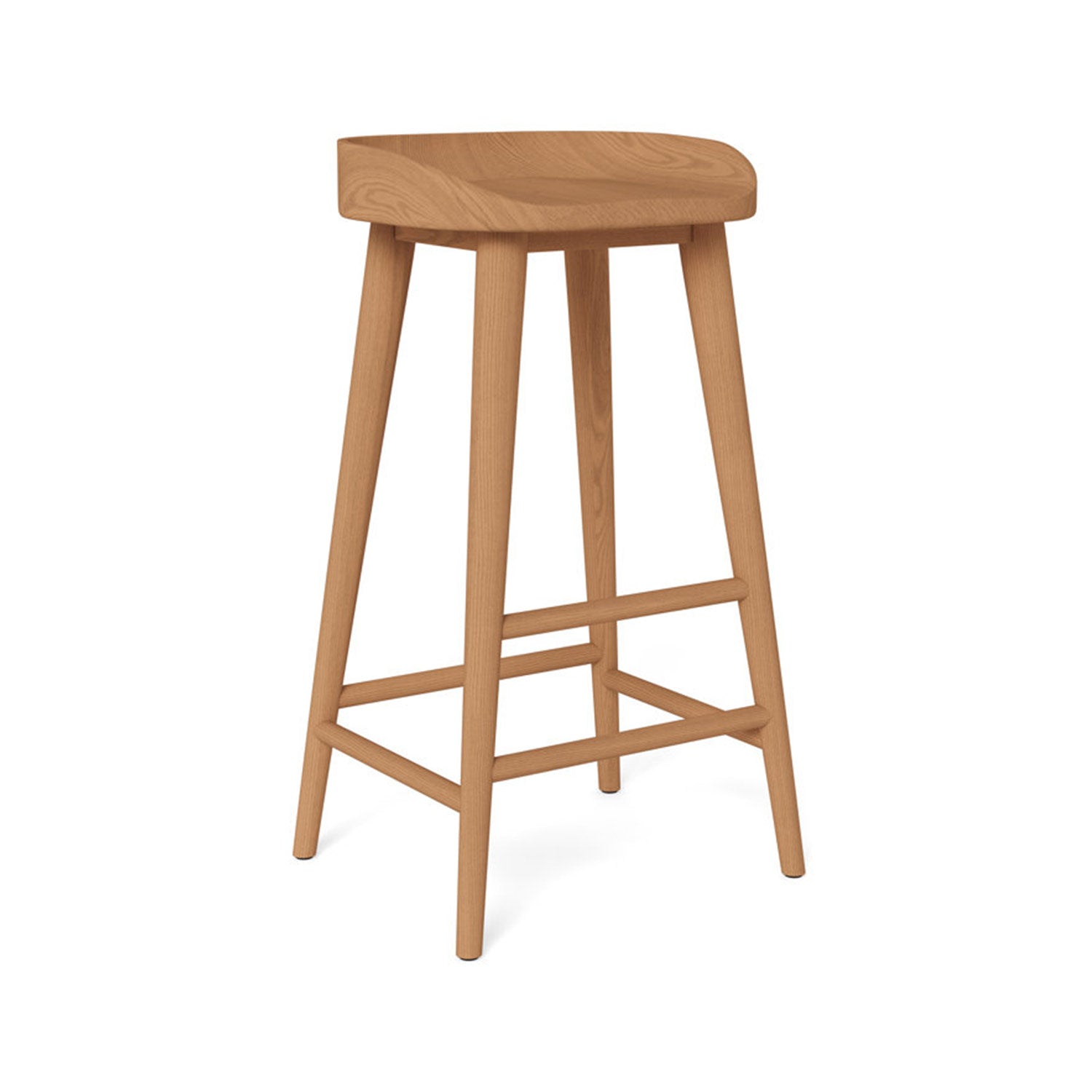 Backless teak outdoor bar stool in a natural finish with a carved contoured solid-wood seat, four tapered splayed legs and intersecting footrest rails in a coastal silhouette.