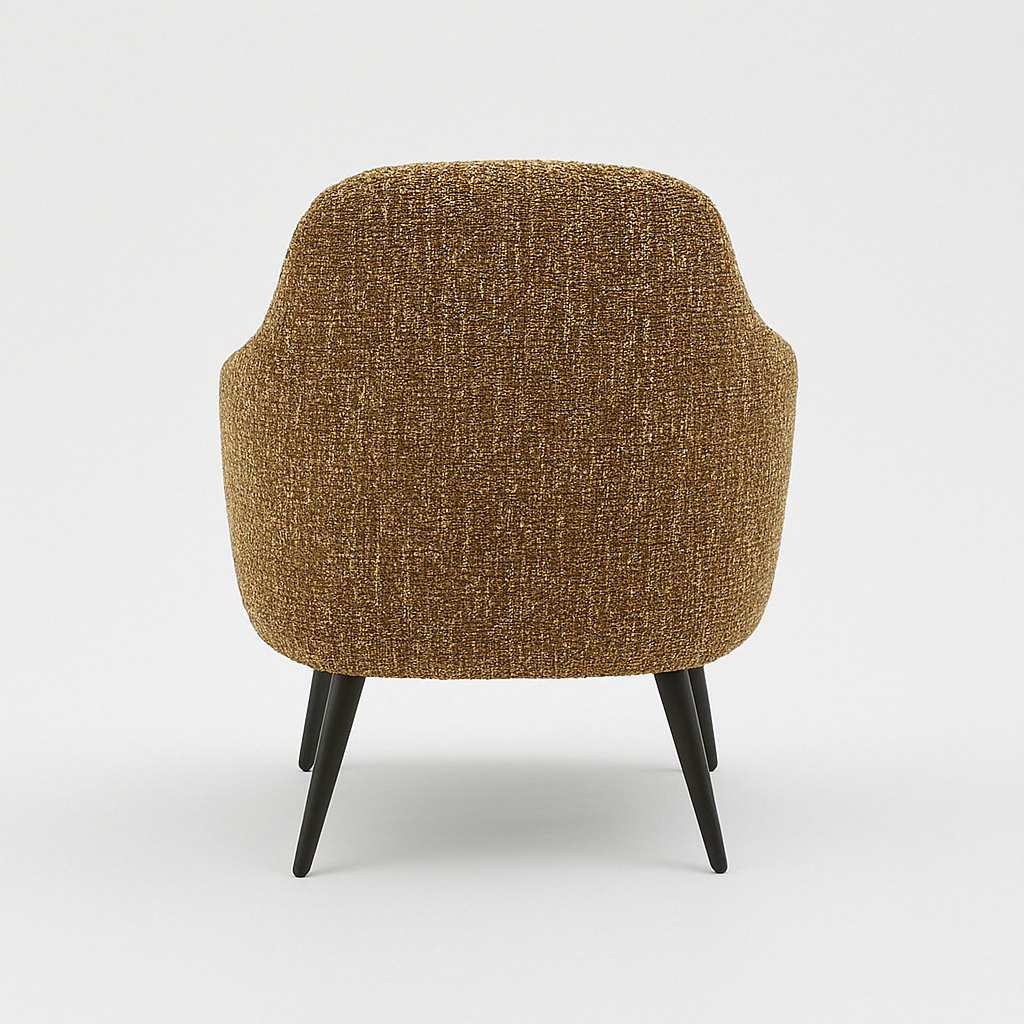 Rear view of a modern brown fabric-upholstered accent chair with a gently curved back and tapered dark wood legs on a white background.