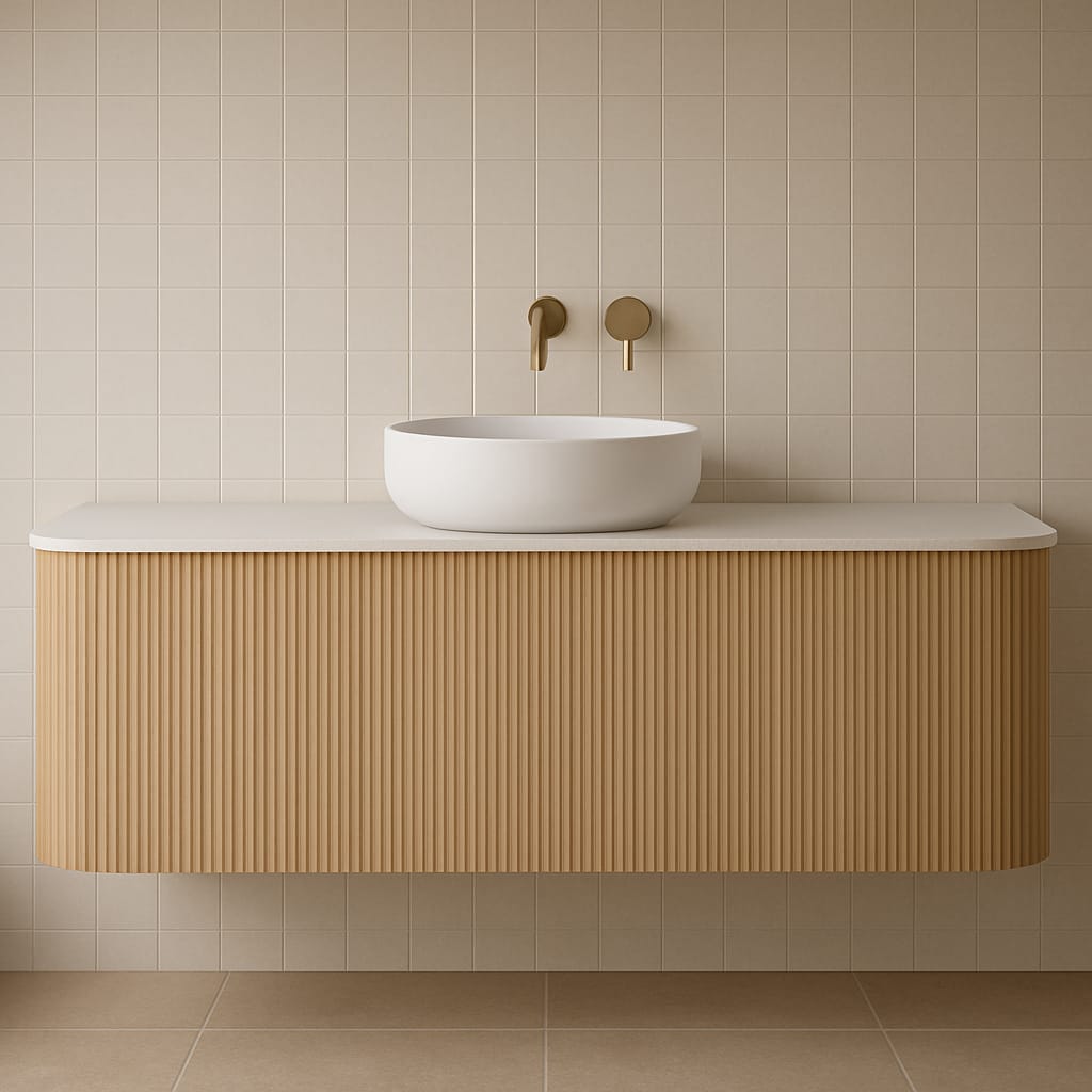 Floating fluted teak vanity with a light stone top, round white ceramic vessel sink and wall-mounted brushed brass faucet set against a neutral beige tiled bathroom wall.