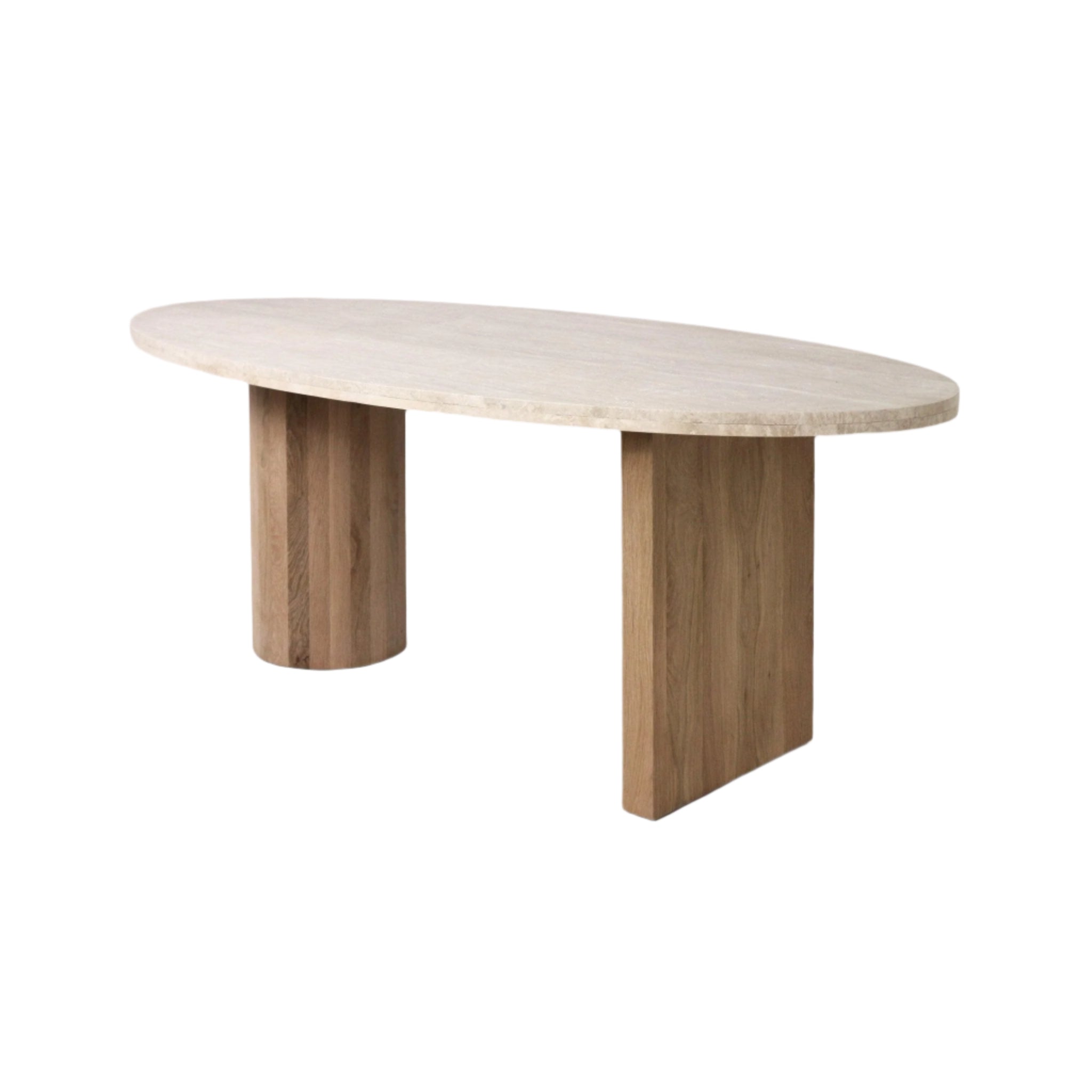 Modern oval travertine dining table with a light beige stone top and natural oak pedestal legs — one round column and one rectangular slab.