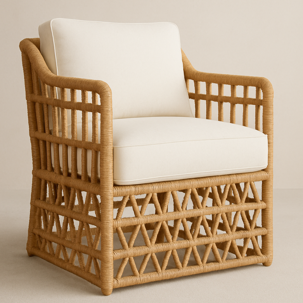 Rust-toned synthetic wicker outdoor accent chair with cream fabric seat and back cushions, open-lattice sides and geometric woven base for coastal patio seating.