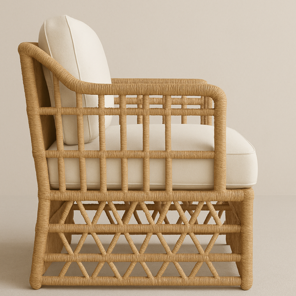 Side profile of a coastal all-weather outdoor accent chair with woven synthetic-wicker tan frame and cream fabric seat and back cushions, showing open lattice sides and geometric woven base detailing.