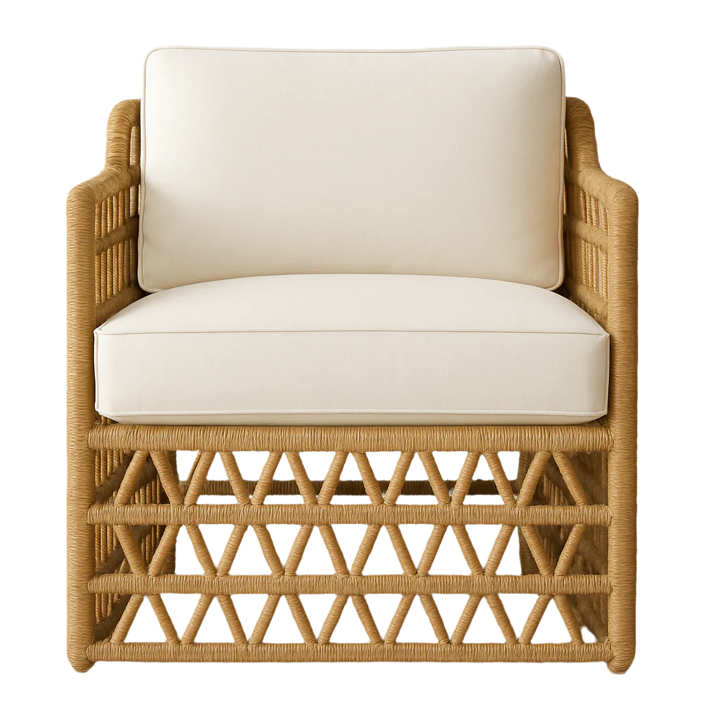 Front view of a coastal-style all-weather outdoor accent chair with rust-tone woven synthetic wicker and aluminum frame, cream fabric seat and back cushions, and a triangular lattice wrapped-wicker base.