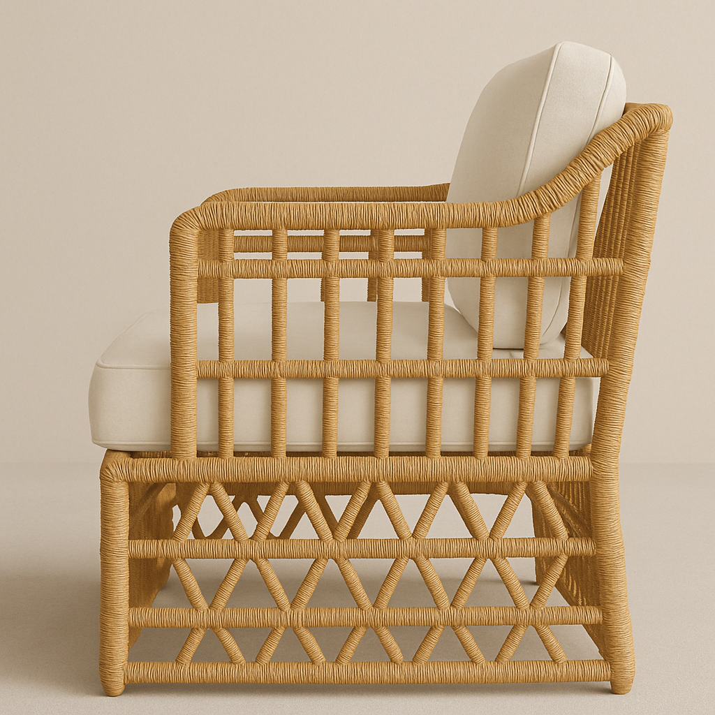 Side view of an all-weather handwoven synthetic wicker outdoor accent chair in rust with cream fabric seat and back cushions, highlighting the geometric woven pattern and rounded armrest profile.
