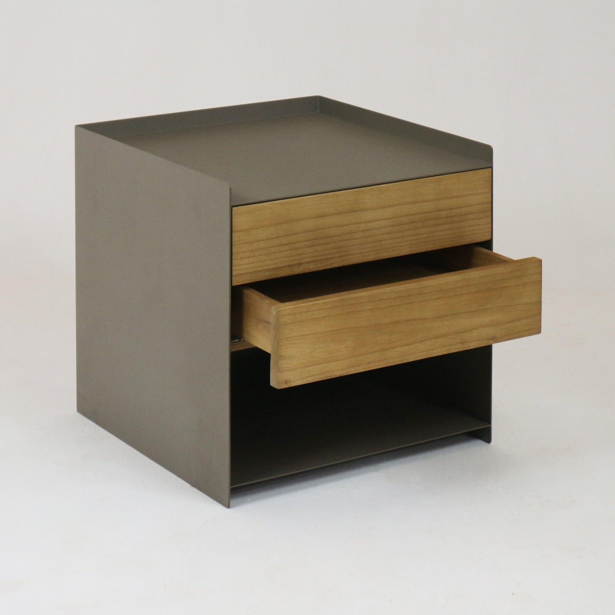 Fona Solid Wood and Brushed Steel Nightstand - INTERIORTONIC