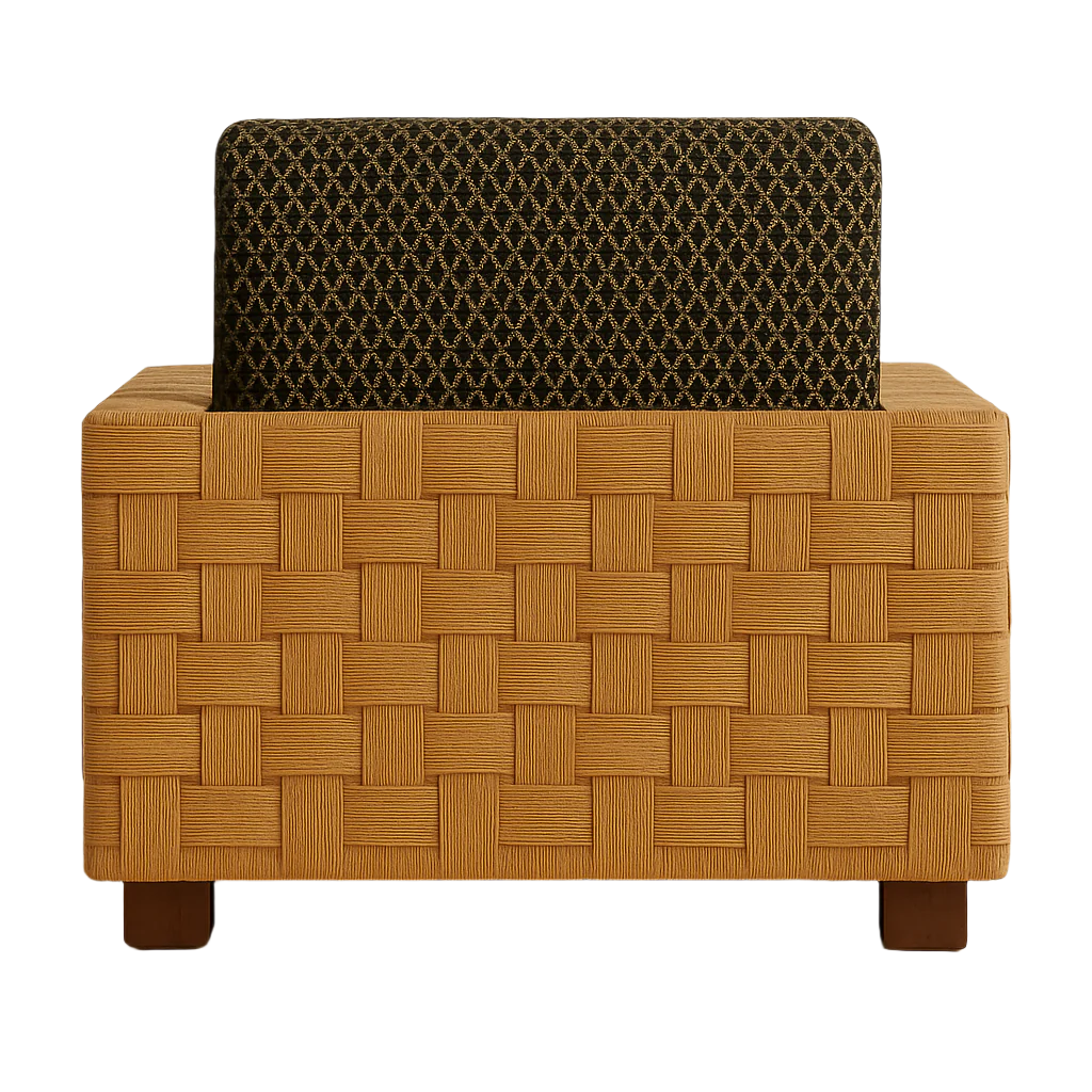 Back view of a modern accent chair featuring a woven natural wood frame, short wood legs and a dark green patterned fabric back cushion.