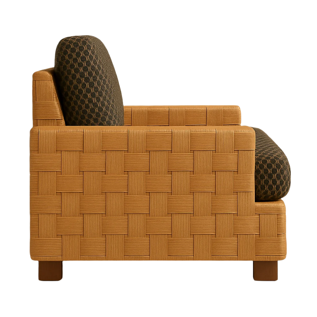 Side profile of a modern accent chair with a natural wood woven basket-frame and green patterned fabric seat and back cushions resting on short wooden legs.