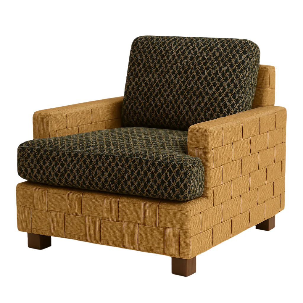 Modern accent armchair with green patterned fabric seat and back cushions, natural woven basketweave fabric frame and square arms, supported by short natural wood block legs.