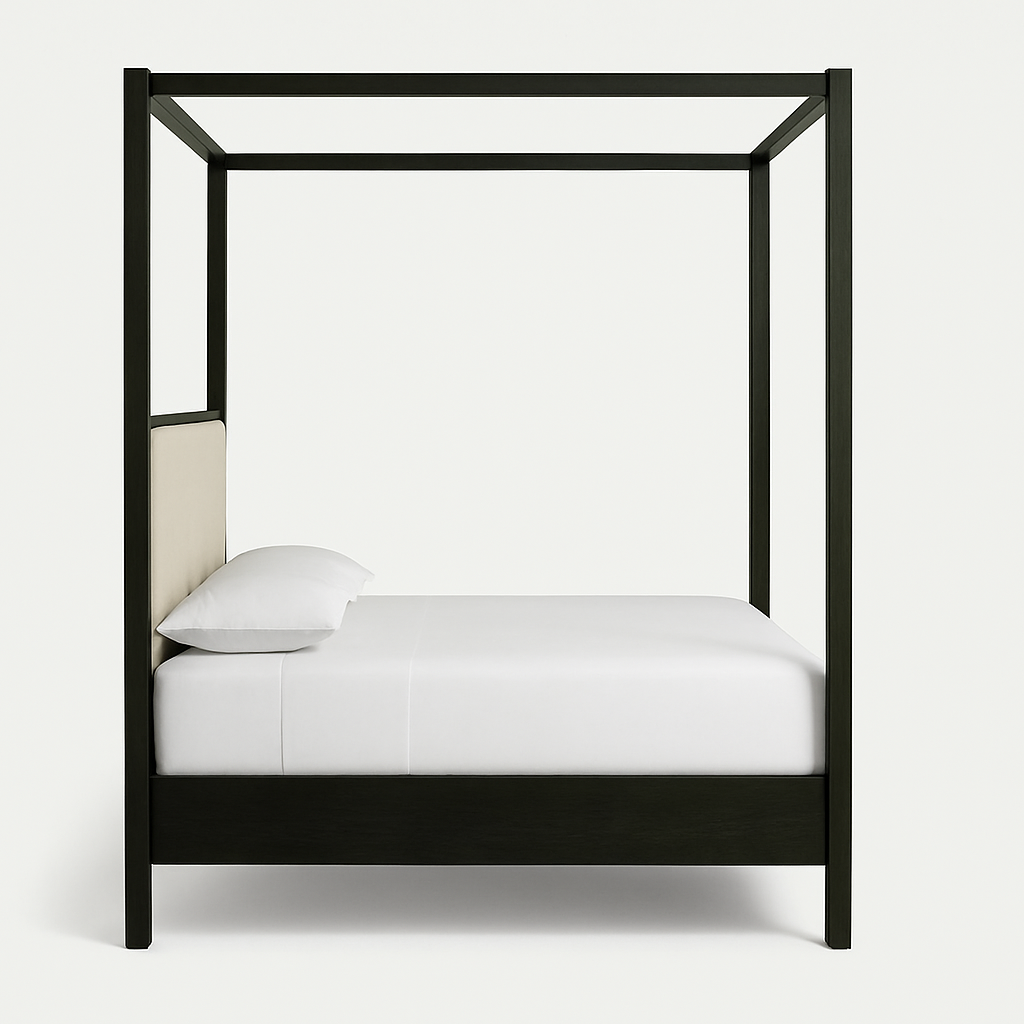 Front view of a modern mahogany four-poster bed with a dark wood frame, beige upholstered headboard, white fitted sheet and single pillow on a low platform base.
