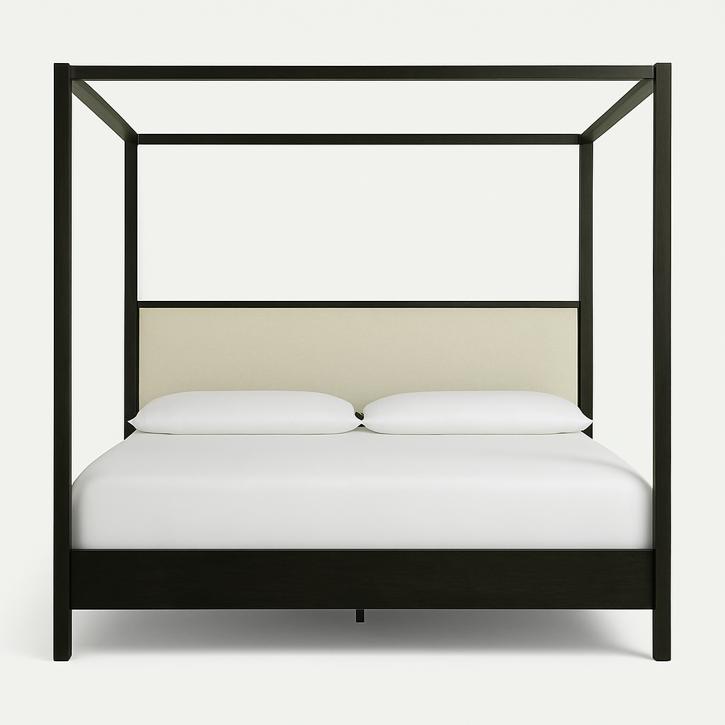 Front-facing modern four-poster bed in mahogany solid wood with a cream upholstered headboard panel, white linens and two pillows set against a plain white background.