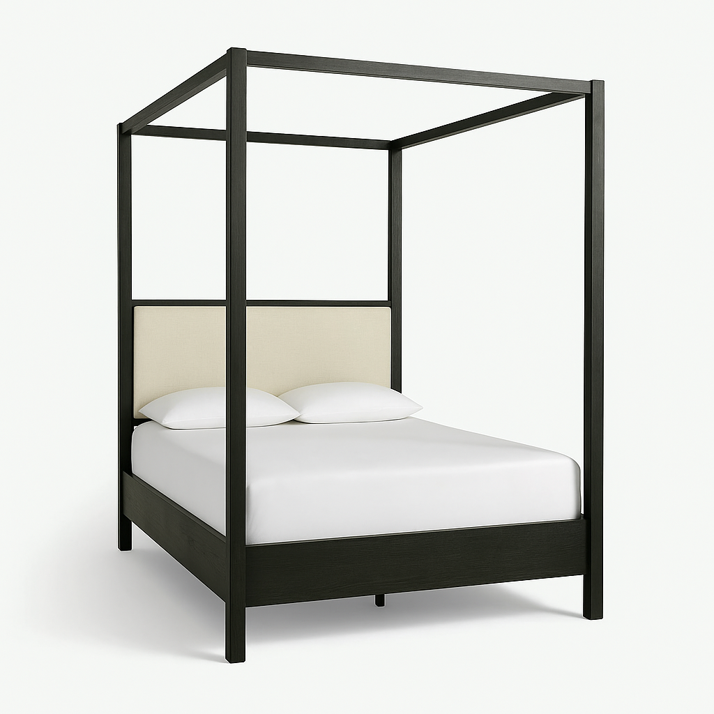 Minimalist modern four-poster bed in mahogany solid wood with a beige upholstered headboard panel and white bedding on a low platform frame against a plain white background.