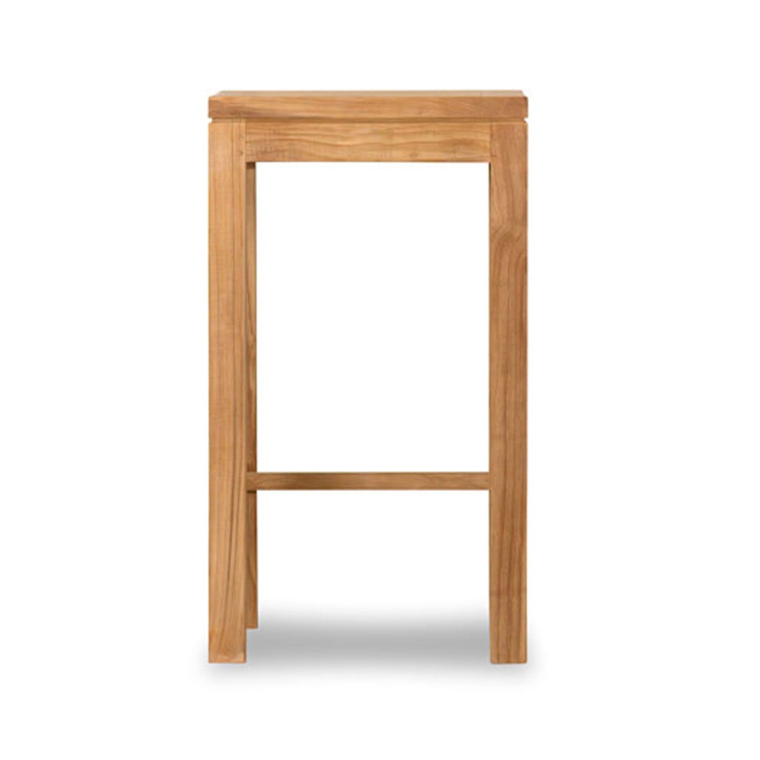 Front profile of a backless outdoor bar stool in natural teak, solid wood construction with a square seat, straight legs and a low footrest, styled for coastal outdoor use on a white background.