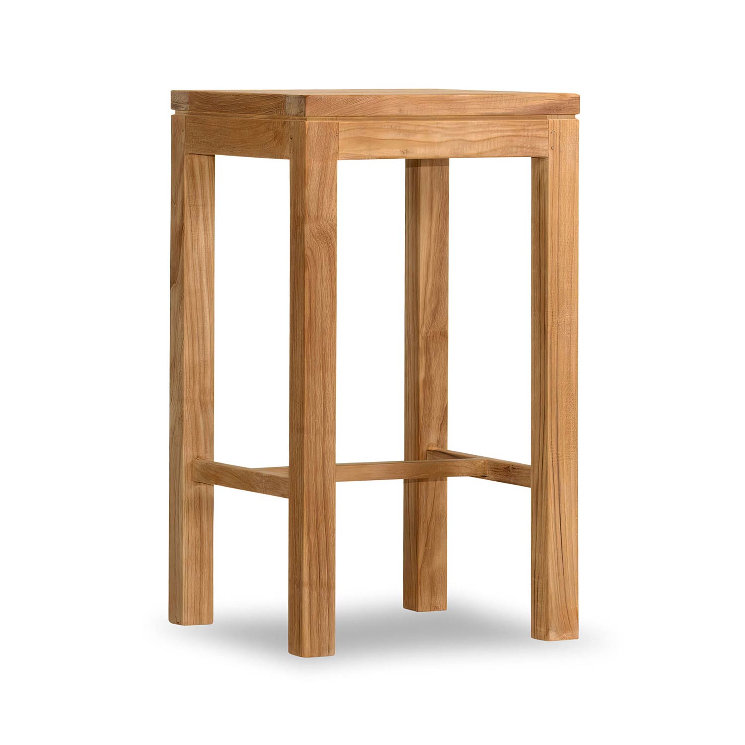 Backless teak outdoor bar stool in a natural finish, featuring a square seat, four straight solid-wood legs and connecting stretchers for stability in a minimalist coastal design suited for outdoor counters.