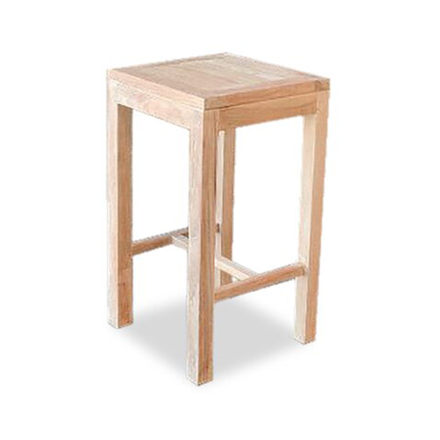 Backless teak outdoor bar stool with a square solid-wood seat, four straight legs and horizontal stretchers in a natural teak finish, shown on a white background.