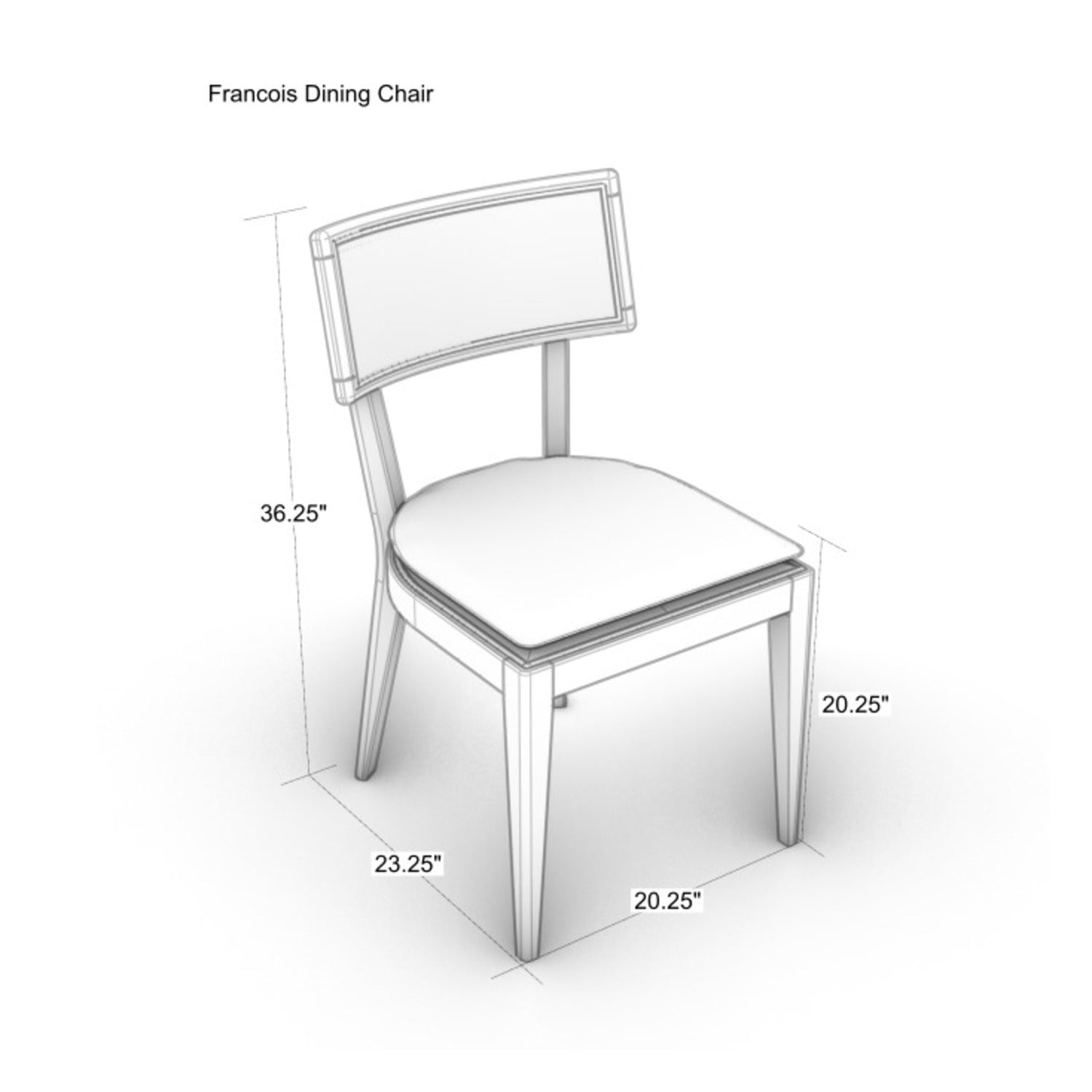 Grayscale technical sketch of the Francois dining chair showing a rattan backrest and upholstered seat on a solid wood frame, with dimension callouts: overall height 36.25 in, seat height 20.25 in, depth 23.25 in, width 20.25 in.