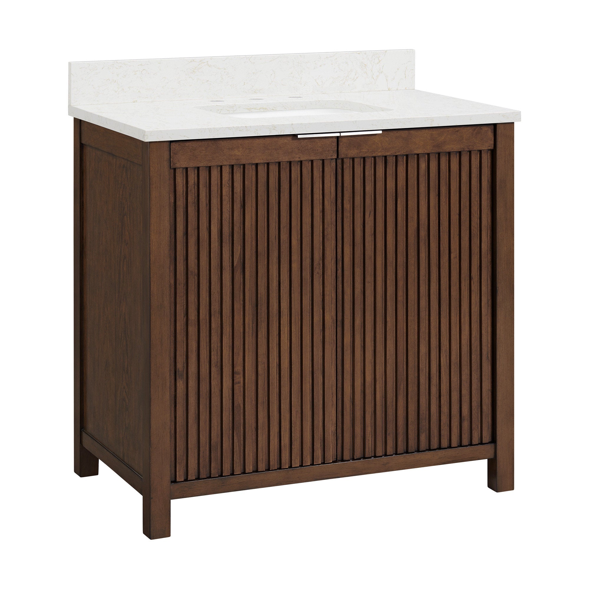 Freestanding modern single-sink bathroom vanity in rich brown solid wood with vertical fluted cabinet front, white stone countertop and backsplash with integrated rectangular sink and slim chrome handle.