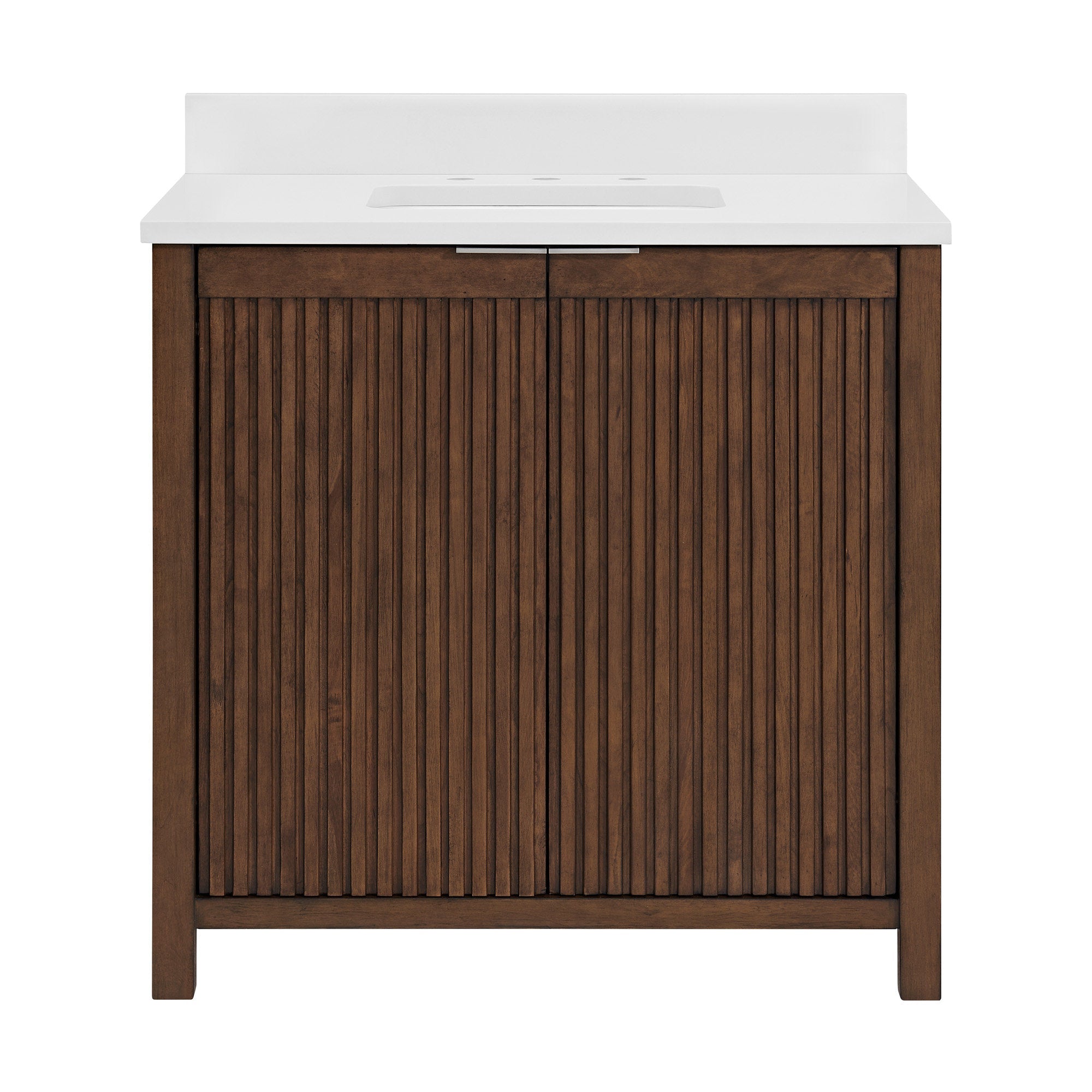 Modern fluted solid wood bathroom vanity in warm brown with a white stone countertop and integrated single sink, featuring two vertical cabinet doors with a slim metal pull and freestanding contemporary silhouette.