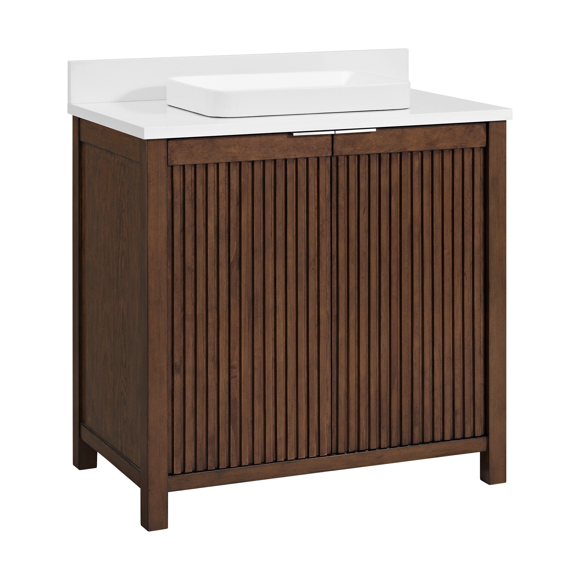 Contemporary fluted solid wood bathroom vanity in rich brown with a white stone top and rectangular vessel sink, freestanding single-sink cabinet with vertical slat doors and slim chrome handle.