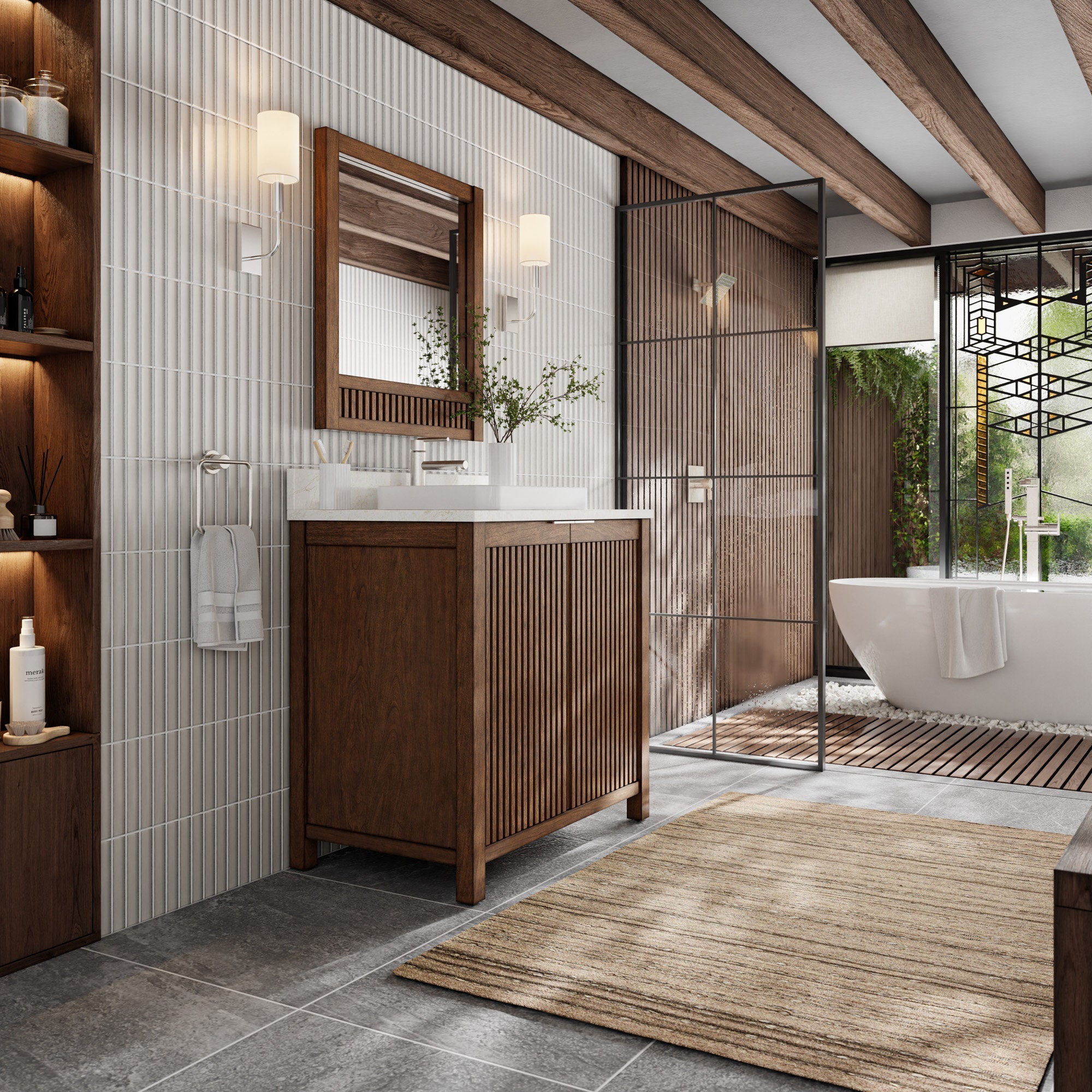 36-inch fluted solid wood single-sink bathroom vanity with stone countertop and vessel sink, framed wood mirror and wall sconces in a modern bathroom with exposed wood beams, glass shower partition and freestanding tub.