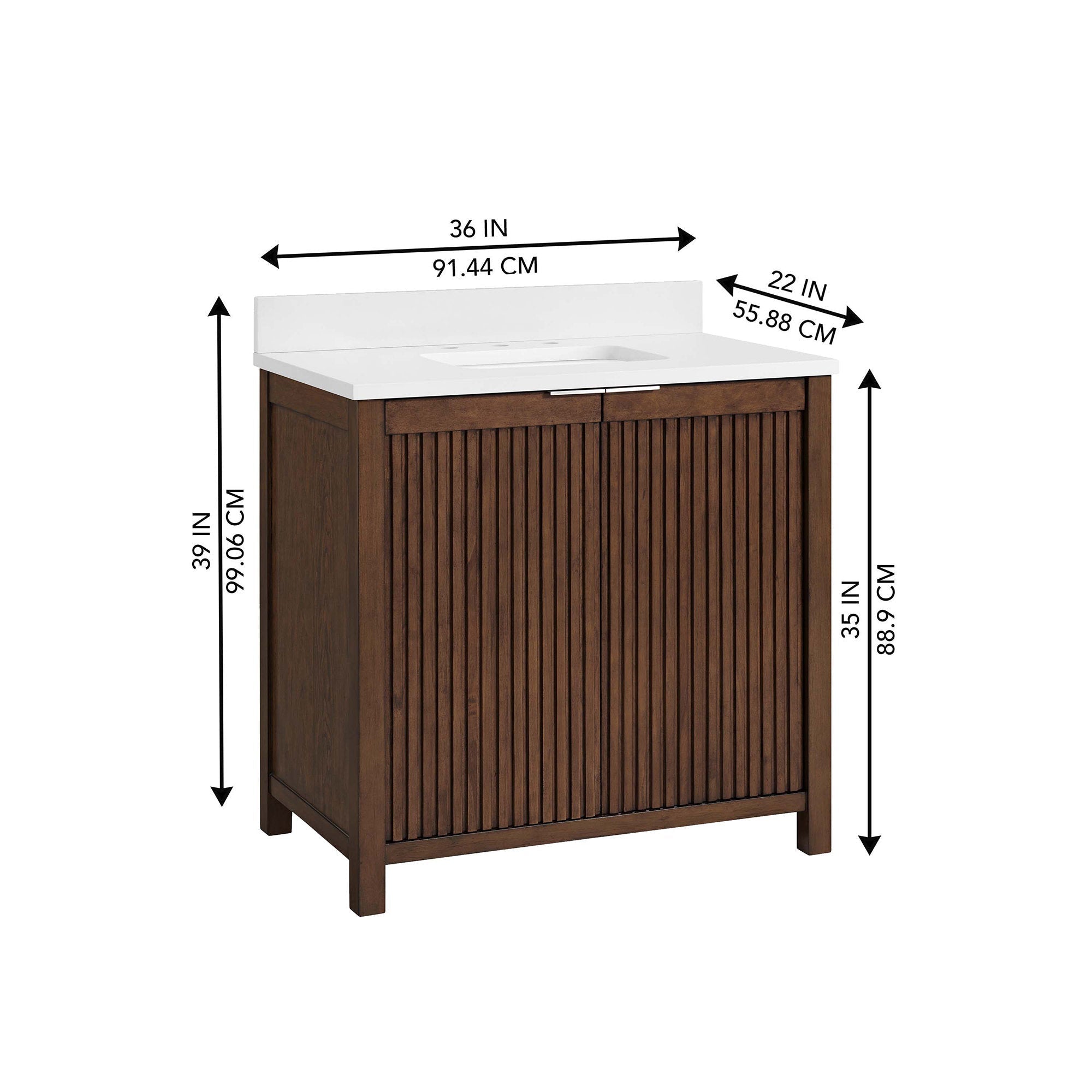 Freestanding 36 in single-sink bathroom vanity in dark natural solid wood with vertical fluted cabinet doors and a white stone countertop with integrated rectangular sink; arrows show 36 in W, 22 in D, 39 in H.