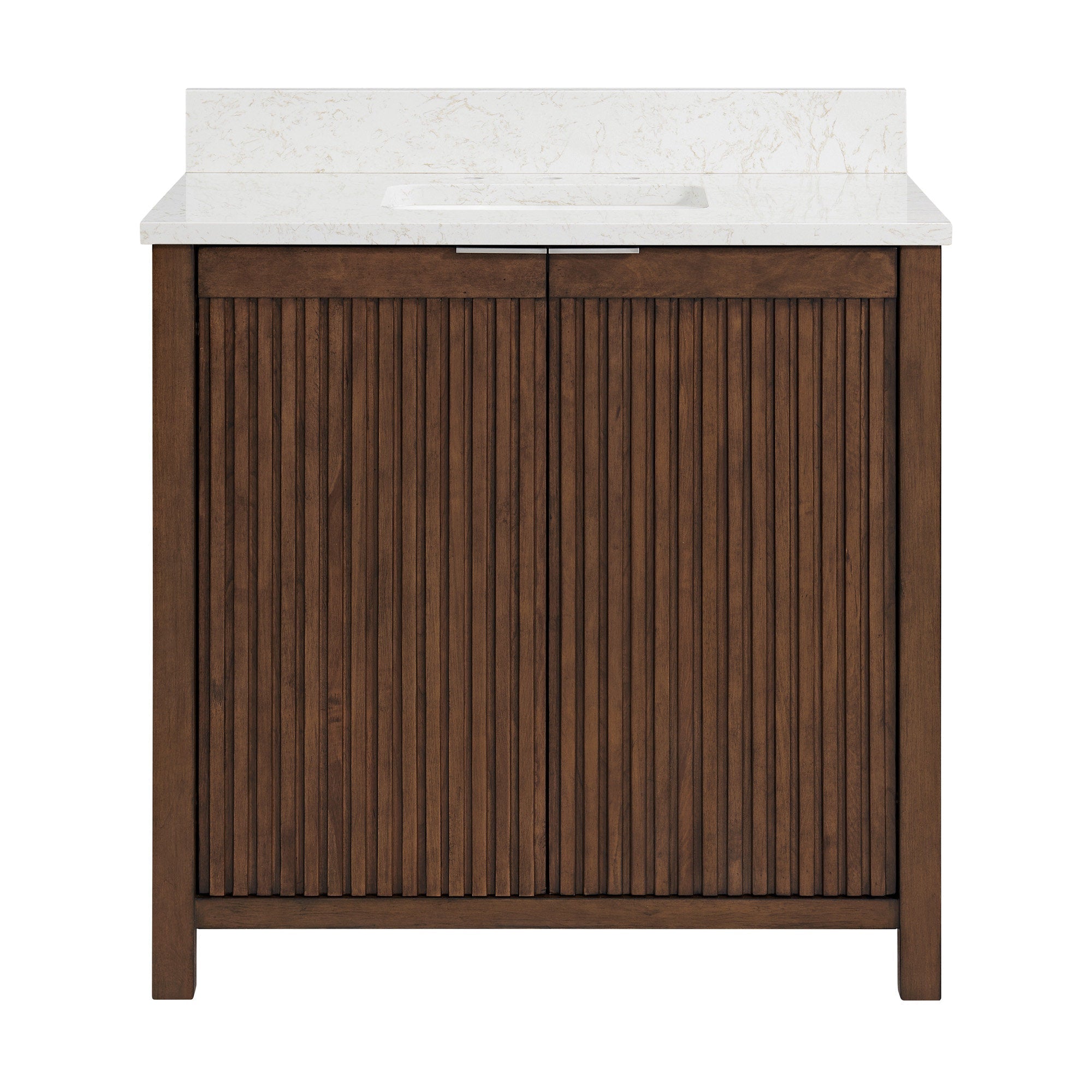 Front view of a freestanding modern bathroom vanity in warm brown solid wood with vertical fluted cabinet doors, a stone countertop with integrated rectangular white sink and a slim horizontal metal handle.