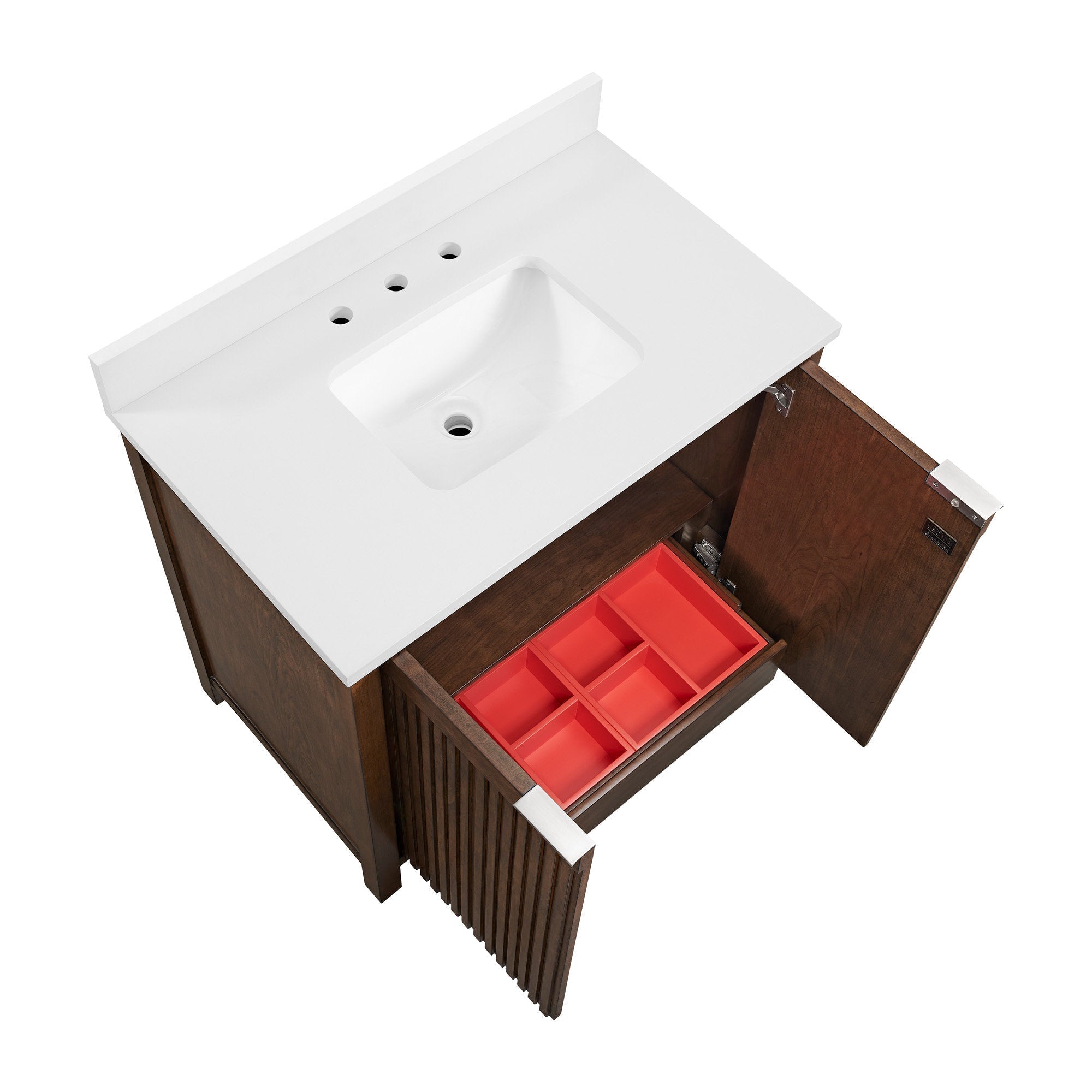 Modern 36-inch freestanding solid wood bathroom vanity with a white stone top and integrated rectangular sink, fluted wood doors with metal accents; one door open revealing a red compartment organizer in the drawer.