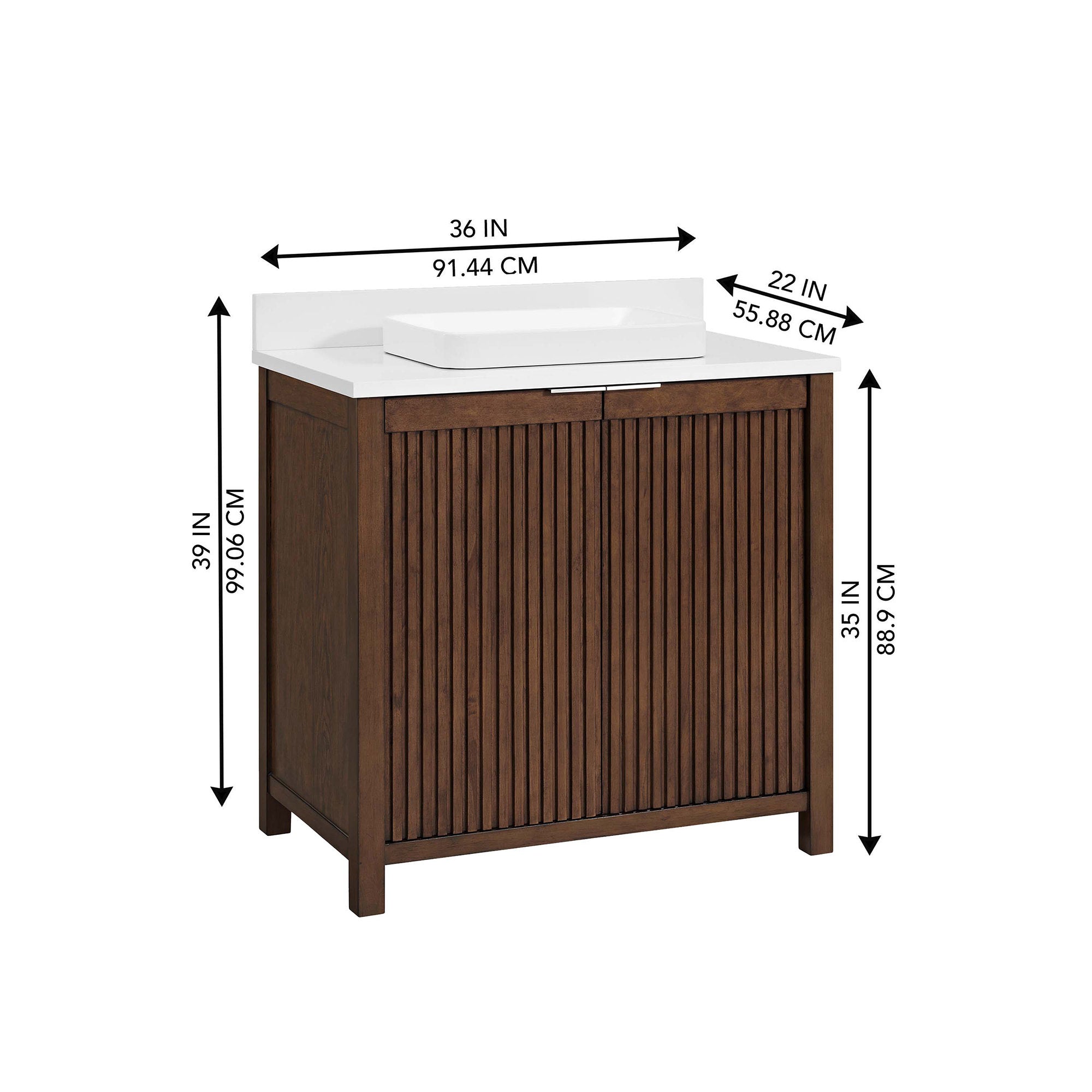 Freestanding 36-inch solid wood bathroom vanity in brown with fluted cabinet doors, white stone top and rectangular ceramic vessel sink; measurement arrows indicate 36" width, 22" depth and 39" height.