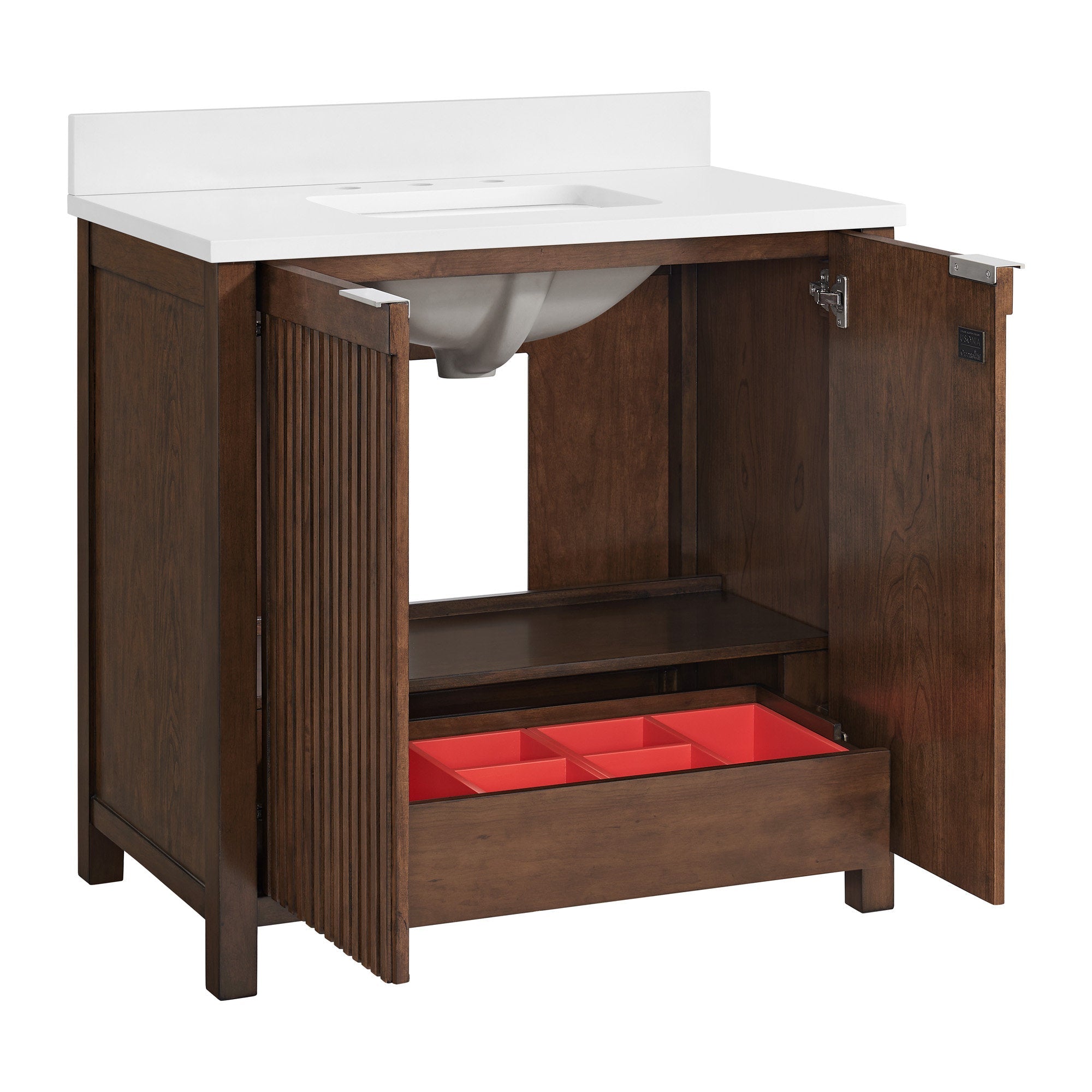 36-inch solid wood single-sink bathroom vanity in a brown natural finish with fluted cabinet doors, white stone countertop and undermount ceramic sink; interior shown open with shelf and red divided storage drawer.