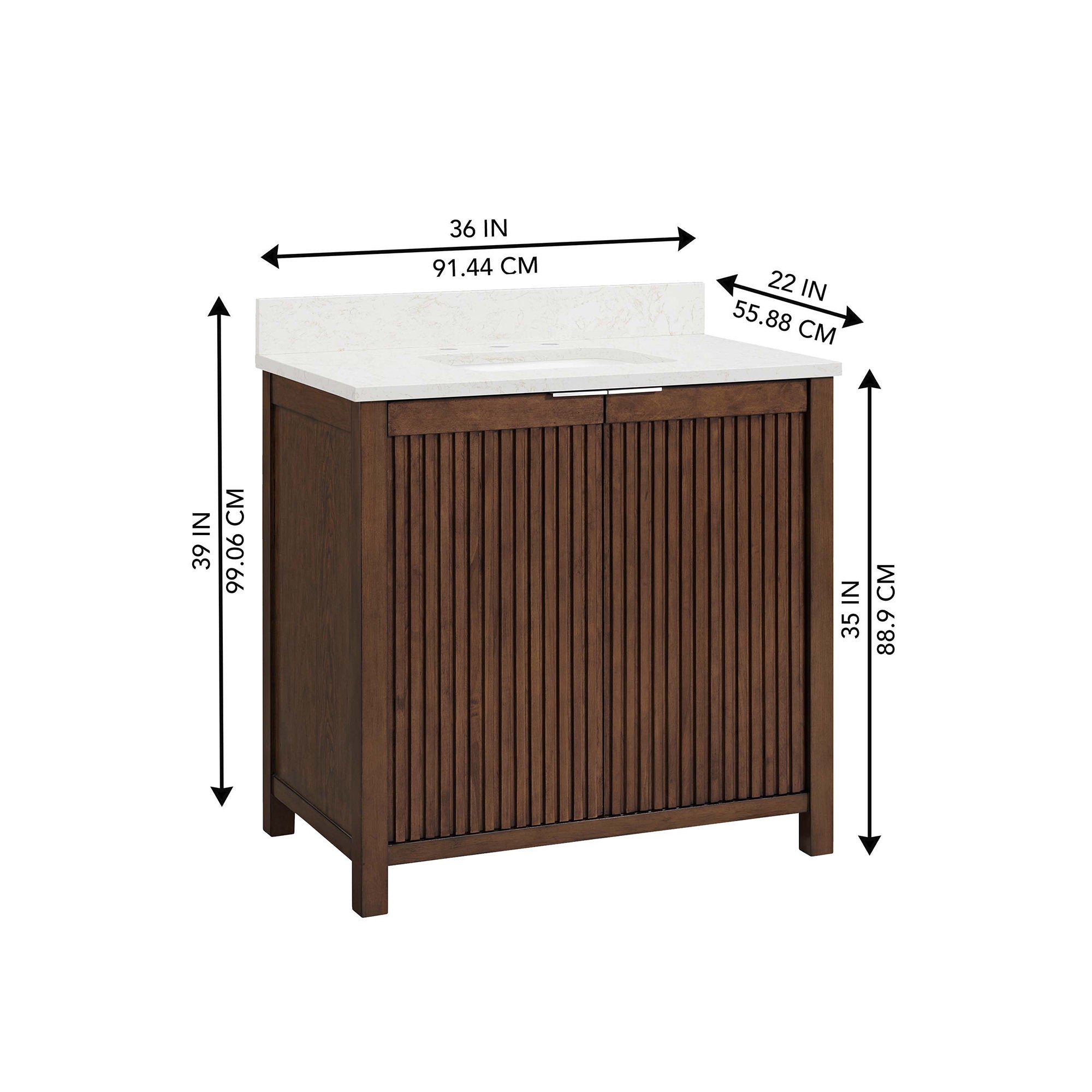 Freestanding 36-inch modern single-sink bathroom vanity in rich brown solid wood with vertical fluted cabinet doors and a white stone countertop with integrated sink; dimension arrows show 36×22×39 in.