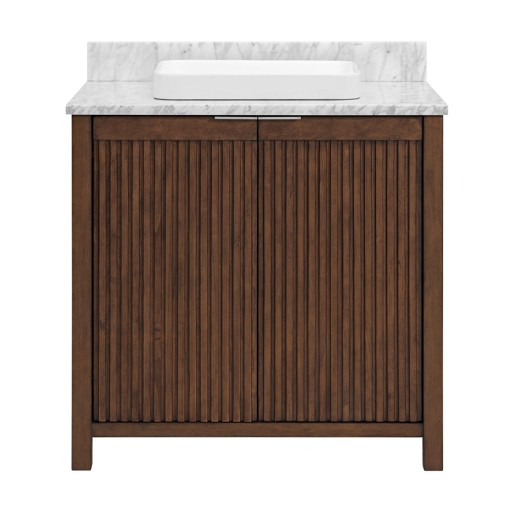 Freestanding solid wood bathroom vanity in brown with vertical fluted cabinet doors, white marble stone top with backsplash and a rectangular white vessel sink, plus a slim centered metal handle.