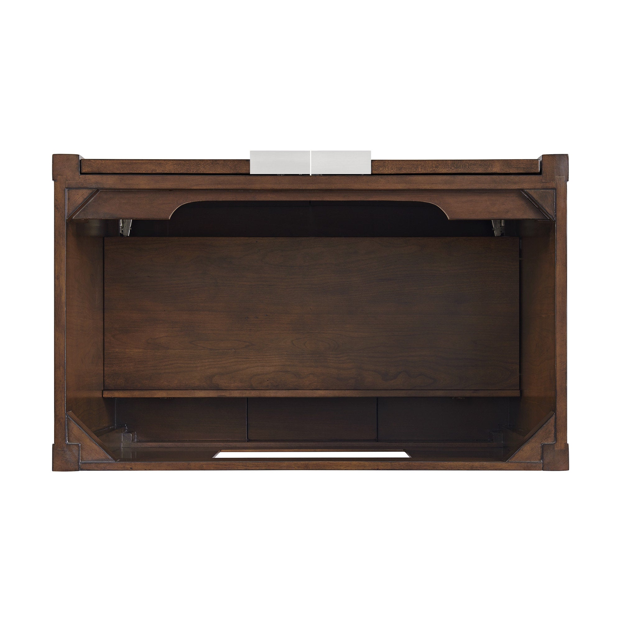 Open front view of a modern single-sink bathroom vanity interior in solid wood with a stone top edge, showing a large central storage compartment, lower shelf and recessed plumbing space in a warm brown finish.