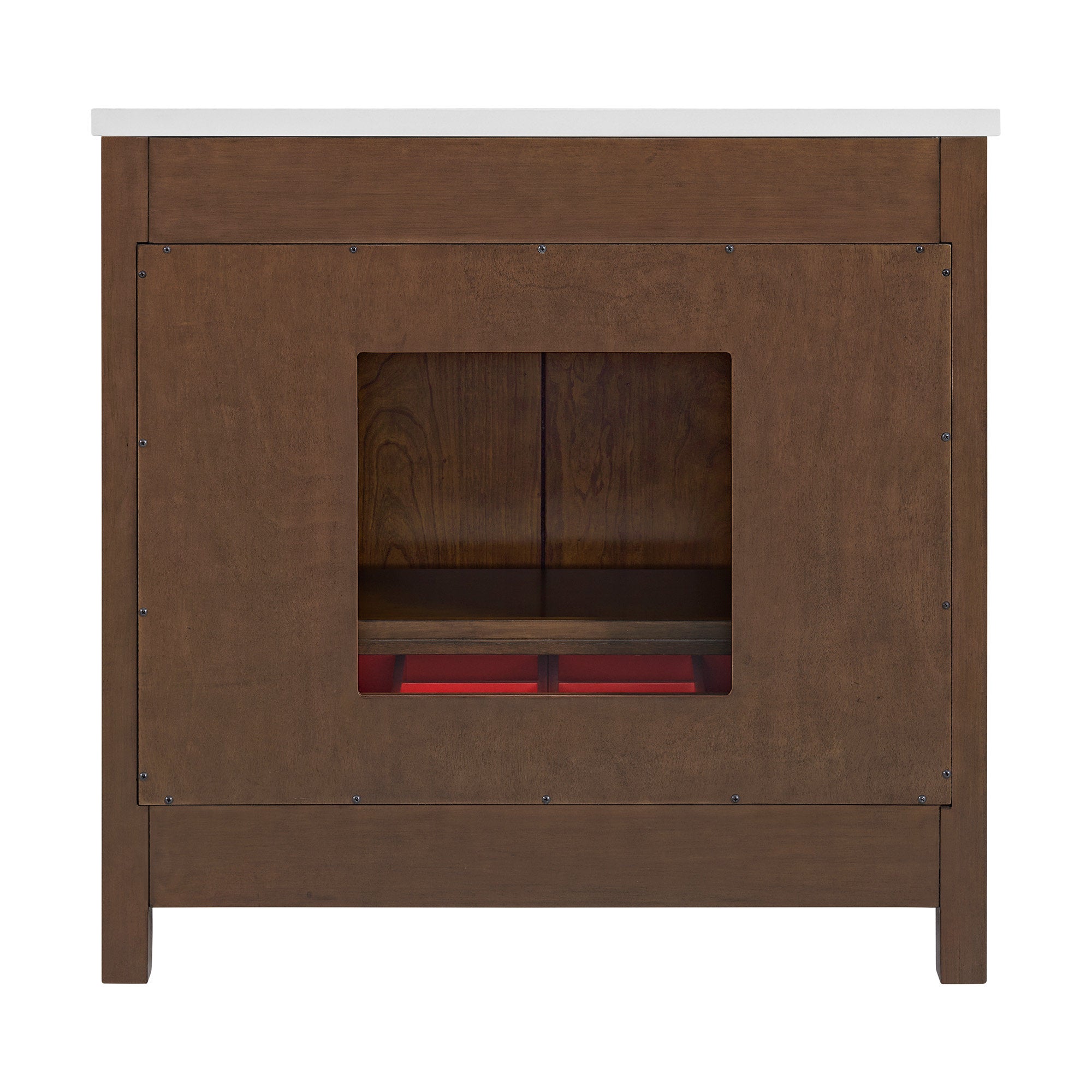 Front view of a 36-inch solid wood single-sink bathroom vanity with brown wood finish, white stone top, square center cutout revealing an interior shelf, exposed screw accents and modern freestanding profile.